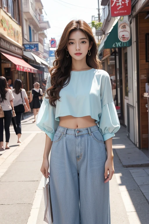highest quality、4K、Perfect Face、Perfect Style、Sunburn、beautiful、mature、long curly layer brown hair、Swept-back hair、full body, in city、no make up、sexy 、charming、healthy、she go shopping、beautiful abs、wide pants