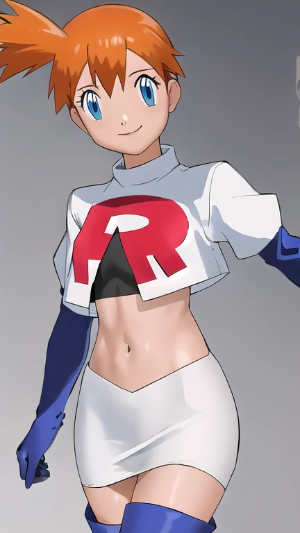 Misty Pokémon, short hair, Orange Hair, Side Ponytail, blue eyes, Mouth smile ,Team Rocket uniform, (logo on shirt:1.25), White jacket, White Skirt, Black Thigh Boots, abdomen,masterpiece, 最high quality, Very detailed, high quality, 4K, (Smooth texture:0.75, Realistic texture:0.65,Skin radiance