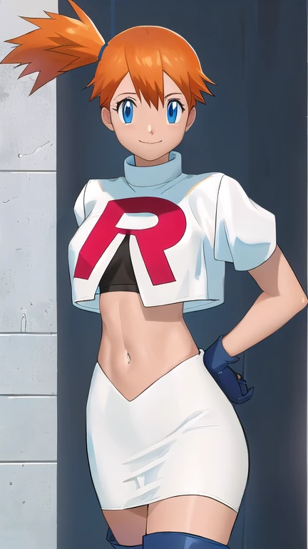 Misty Pokémon, short hair, Orange Hair, Side Ponytail, blue eyes, Mouth smile ,Team Rocket uniform, (logo on shirt:1.25), White jacket, White Skirt, Black Thigh Boots, abdomen,masterpiece, 最high quality, Very detailed, high quality, 4K, (Smooth texture:0.75, Realistic texture:0.65,Skin radiance