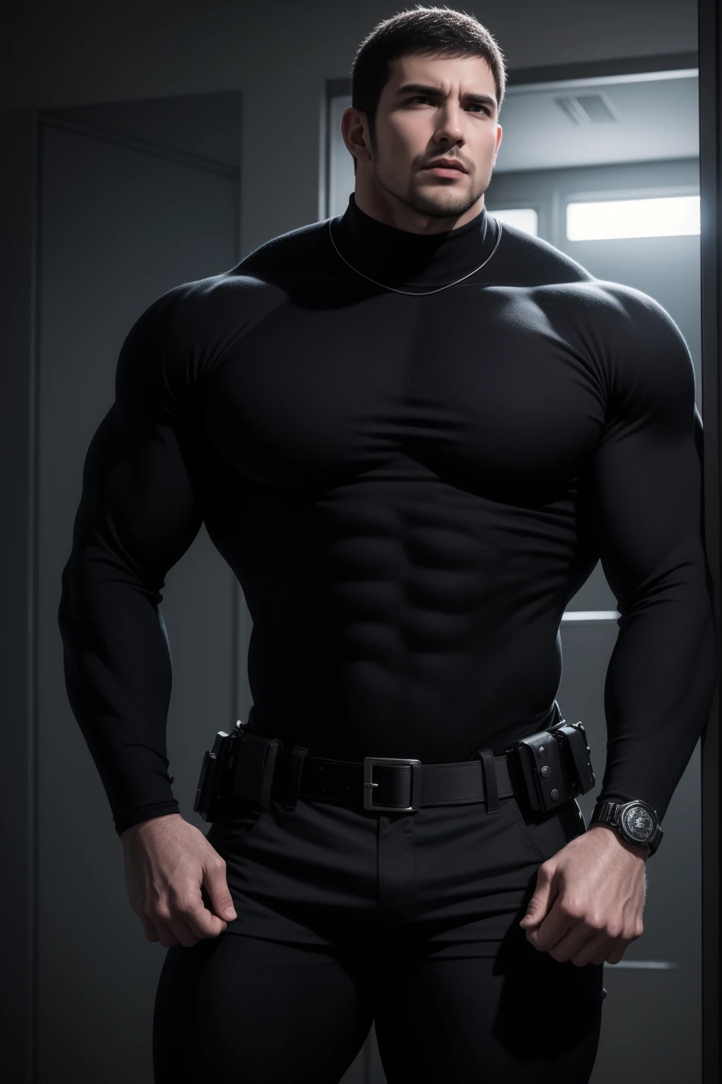 Super muscular man, Open mouth and scream,Buzz Cut,In a luxurious and noble mansion, Wear a long-sleeved red and black collar tights, Thickened warm elastic texture,The expression is arrogant, High collar long sleeve red and black turtleneck tights, very tight, Regular symmetrical pattern, Highlight muscles, Police uniform pants, Thick thighs,character concept(Resident Evil - Chris Redfield, Chris Redfield)A proud expression, Deep and charming eyes, Heroic male pose, tall Burly, muscular!muscular thighs, tough guy, perfect facial features, High, Burly, Heqiang, Super polished and cool, High Resolution Committee, Charismatic, The sun shines through the customers