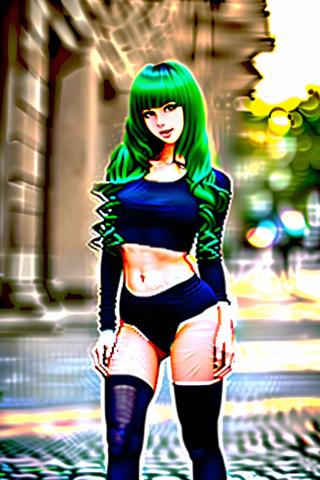 A green-haired girl in black tights