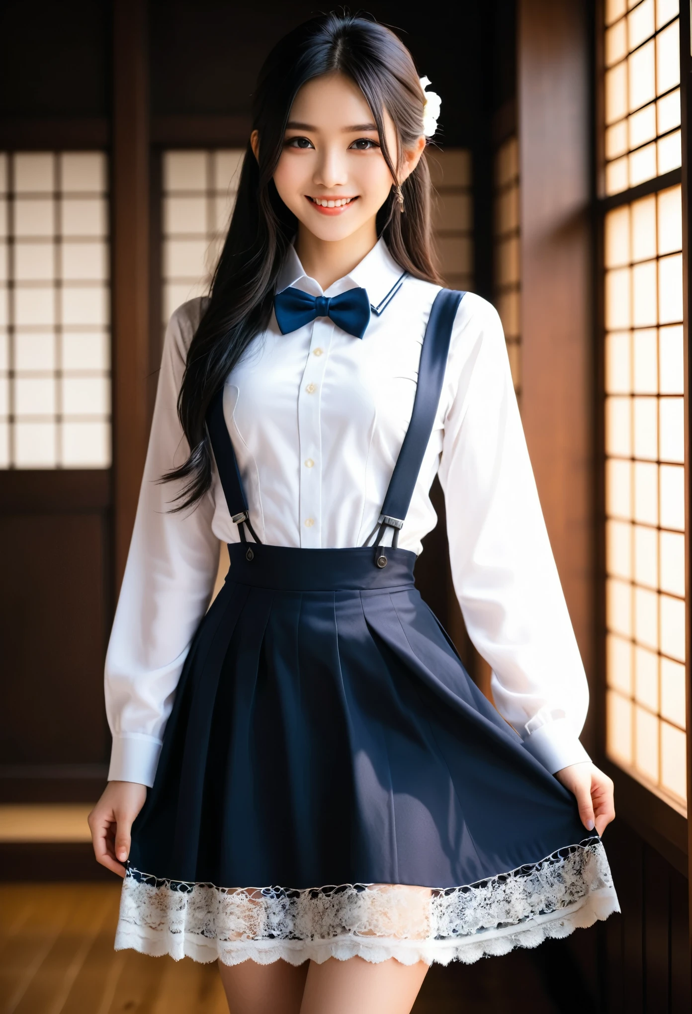 (Top quality, 8K, masterpiece: 1.3)), (1 person: 1.4), 1 Girl, Japanese woman, goddess, 15 years old, Portrait Photography, High contrast, Divine Perspective, Aperture F1.2, Focal length 24mm, (whole body: 1.2), Smile, Photo poses, Exquisite lace, Suspender Skirt, Simple cutting dress, Brand clothing, Simple cutting, Black long hair, tie hair, Extremely detailed skin details, Fine fabric texture