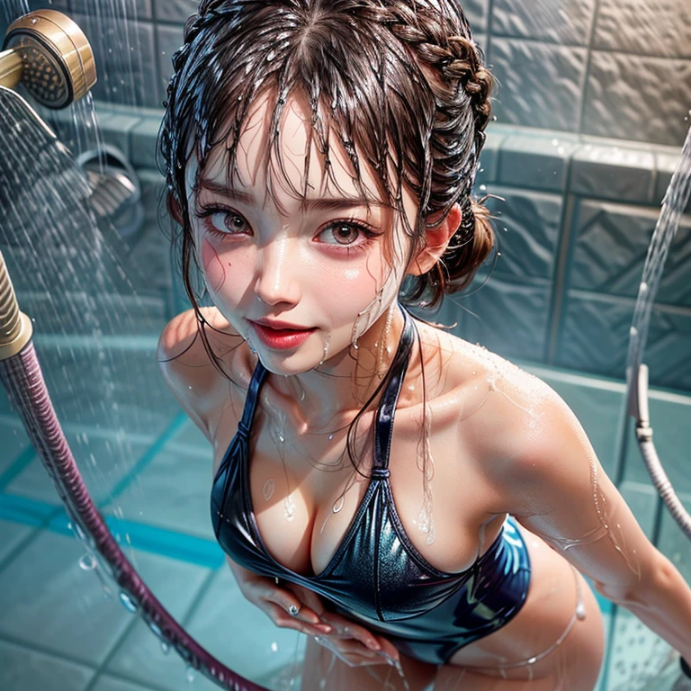 NSFW, (Snapshot of girls kissing face to face in an open shower room by the pool), Braid hair, With bangs, (School Swimwear), the body is covered with juice, White LiquidSoap, Sweating, be sweaty, Wet pearl skin, ((Wet swimsuit)), Perfect Lighting, Clear Focus, (bokeH:1.4), Roundly butts, { (Shower Water:1.6) | (Gigantic  Overflowing sideboob) | Butt cruck | (from above:1.4) }, hidden hands BREAK (NOGIZAKA girls)  ((Extremely Detailed very KAWAII face variations)), perfect anatomy, Childish, captivating gaze, elaborate detailed Eyes with (sparkling highlights:1.2), long eyelashes、Glossy RED Lips with beautiful details, Coquettish tongue, Rosy cheeks . { (Dynamic joyful expressions) | (:d) }, (no large eyes) . (close-up:1.28), Assfocus
