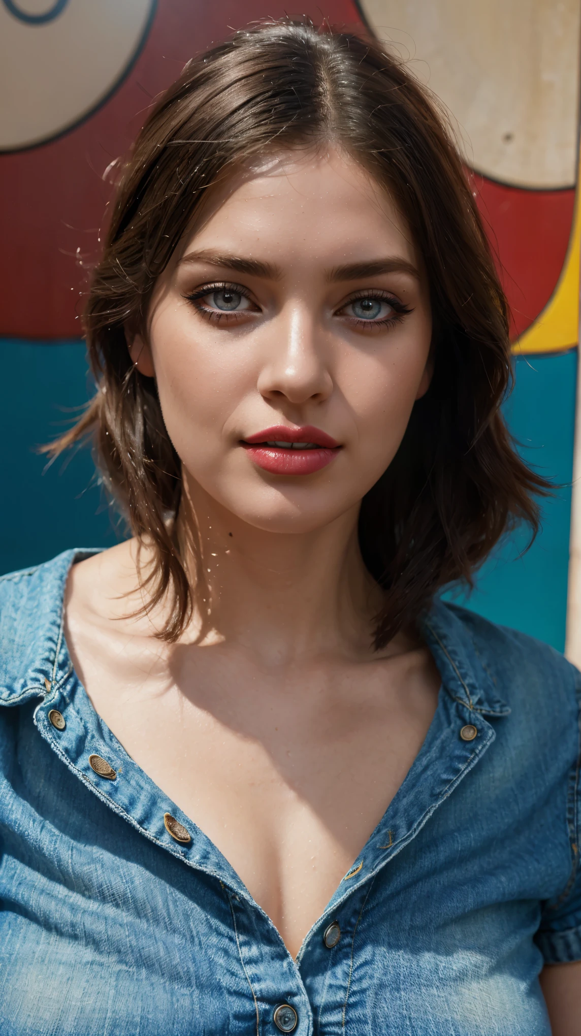 Woman with vivid denim attire, red lips, immaculately detailed eyes with elongated lashes, pop art style, slightly blurred playful background, bathed in organic natural lighting, utilizing Mandy Disher's inspiration, hyper-detailed digital painting, dramatic lighting, high quality.