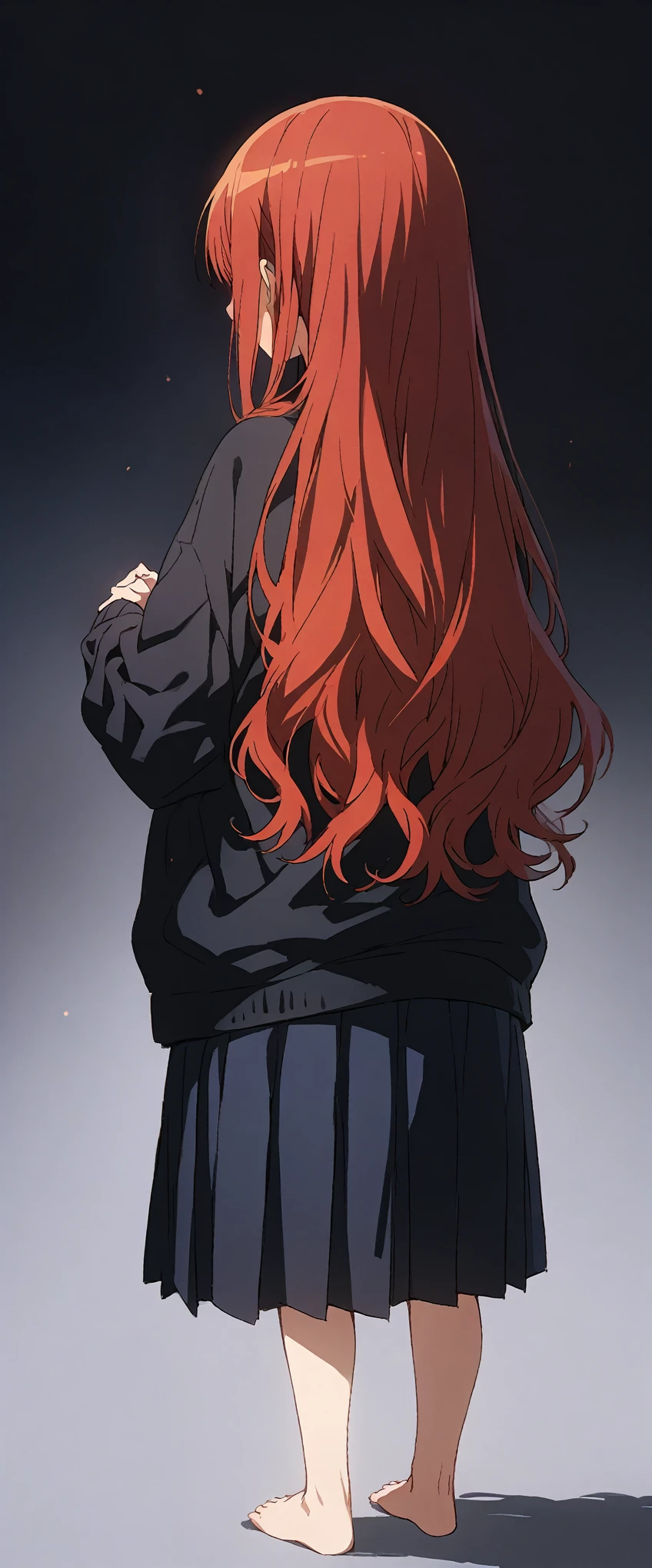 Solid white background、white background、Blank background、Ultra-high resolution, highest quality,Solo,just standing girl, One young girl、back、Back view、From behind、Look straight back、Mid-length hair、red hair、Fold your hands in front of you、plain black hoodie、Black pleated skirt、barefoot