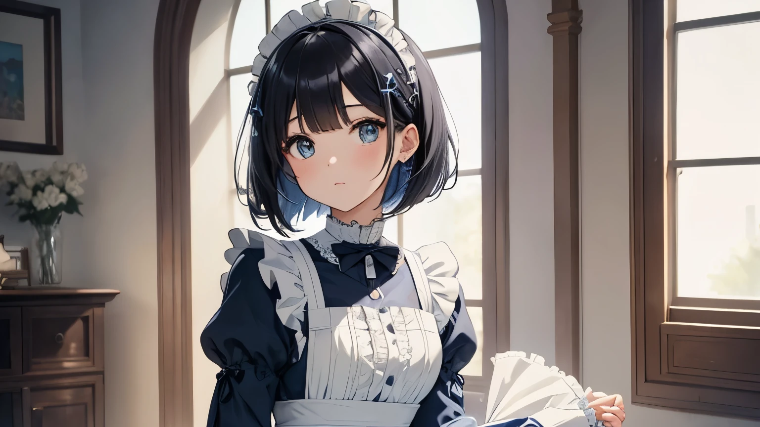 A beautiful girl wearing a light blue maid outfit with lots of frills and lace Long sleeve Black bob with hair ornament Upper Body
