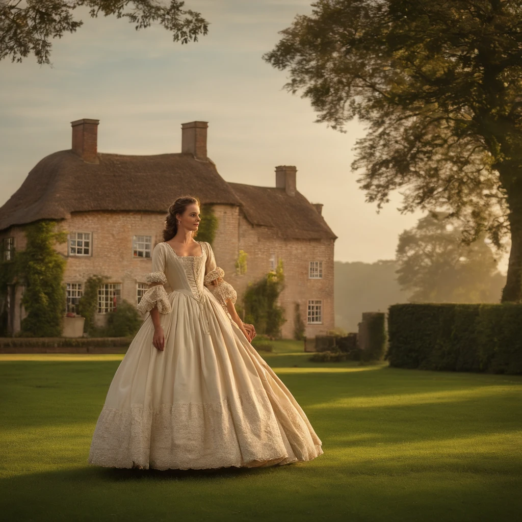 Uma mulher olhando para o Sol, in period clothing from the 18th century, loira de cabelos compridos, pele branca, with the hand reaching for the sun, behind a large 18th century style house in England, with green areas, with a happy expression, muito expressiva, realista
