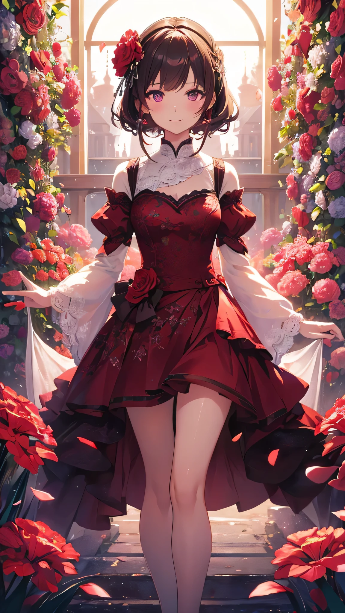 Carnation-themed artwork, ((highest quality)), High resolution, 8k, Cinematic Light, High Contrast, Written boundary depth、smile、sharp、beautiful, Strong brilliance, Detailed Background, One Girl, cute, fine grain, Shining Eyes, Detailed Iris、