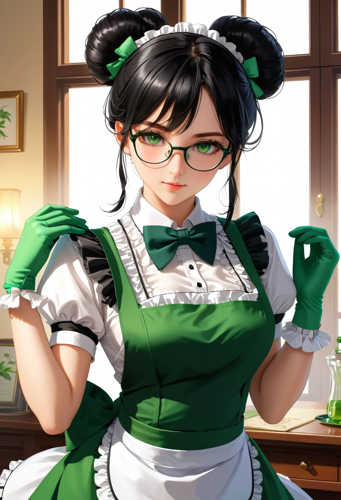 High resolution, Clear focus, Pixiv masterpiece, ((Intricate details)), Very detailed, Yuri Alpha, 1 Girl, Black Hair, (Green wristband, Green gloves, peak,:1.1) Glasses, Green Eyes, maid, single bun, skirt, Necklace, bow tie, maid apron,