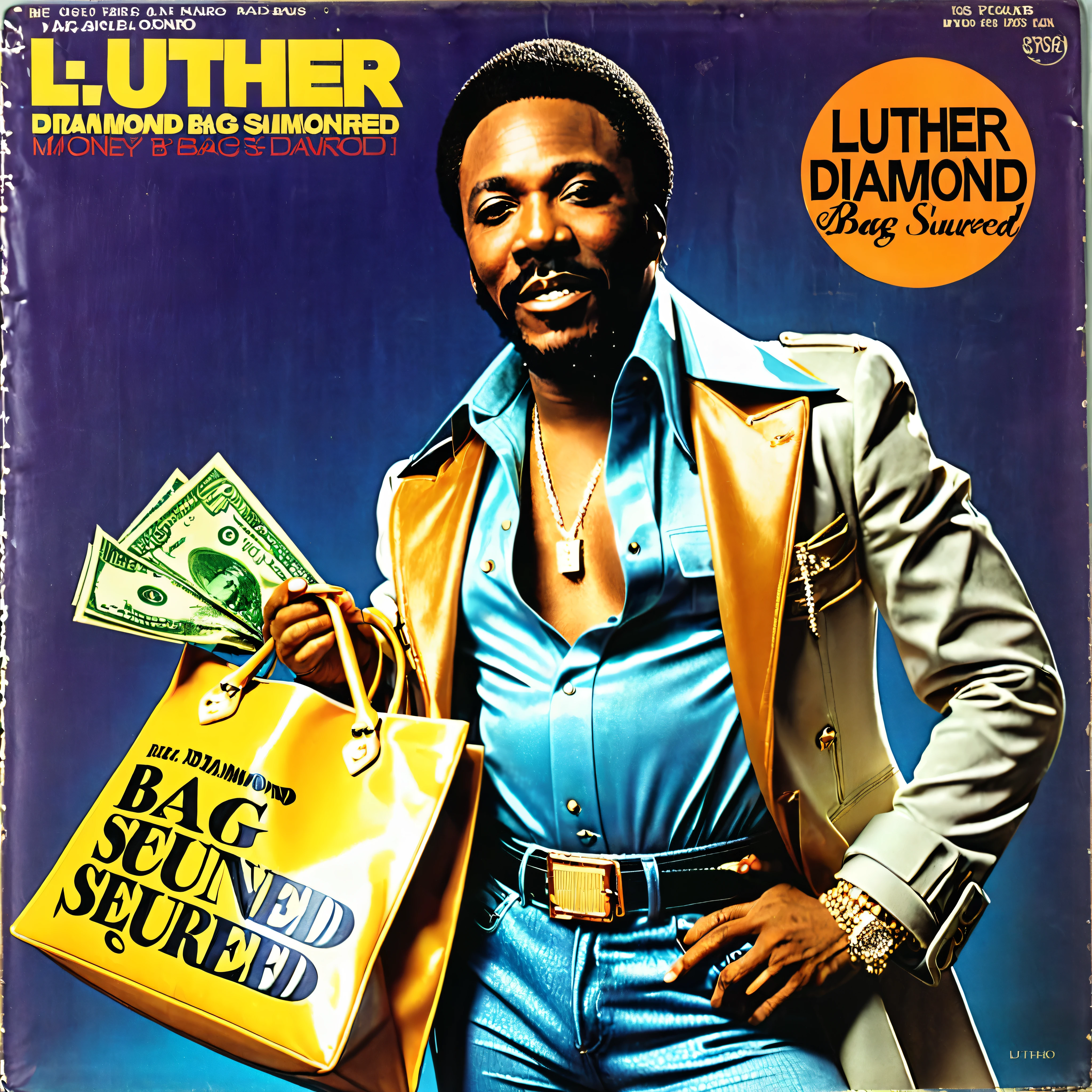1970s vinyl album cover for a song called "Bag Secured" by r&b singer "Luther Diamond", money bag