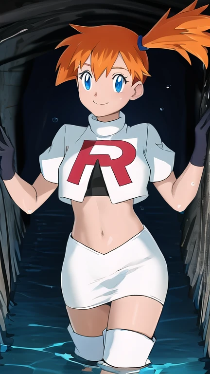 Misty Pokémon, short hair, Orange Hair, Side Ponytail, blue eyes, Mouth smile ,Team Rocket uniform, (logo on shirt:1.25), White jacket, White Skirt, Black Thigh Boots, abdomen,masterpiece, 最high quality, Very detailed, high quality, 4K, (Smooth texture:0.75, Realistic texture:0.65,Skin radiance, Filmed in a tunnel, Submerged in water