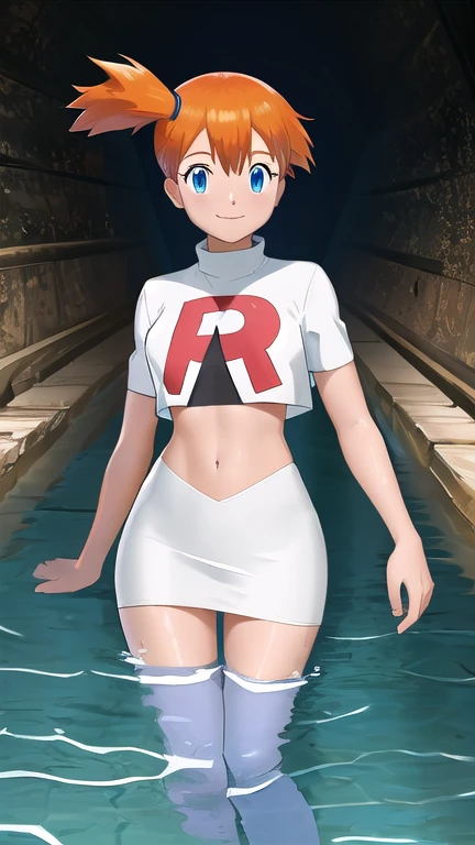 Misty Pokémon, short hair, Orange Hair, Side Ponytail, blue eyes, Mouth smile ,Team Rocket uniform, (logo on shirt:1.25), White jacket, White Skirt, Black Thigh Boots, abdomen,masterpiece, 最high quality, Very detailed, high quality, 4K, (Smooth texture:0.75, Realistic texture:0.65,Skin radiance, Filmed in a tunnel, Submerged in water