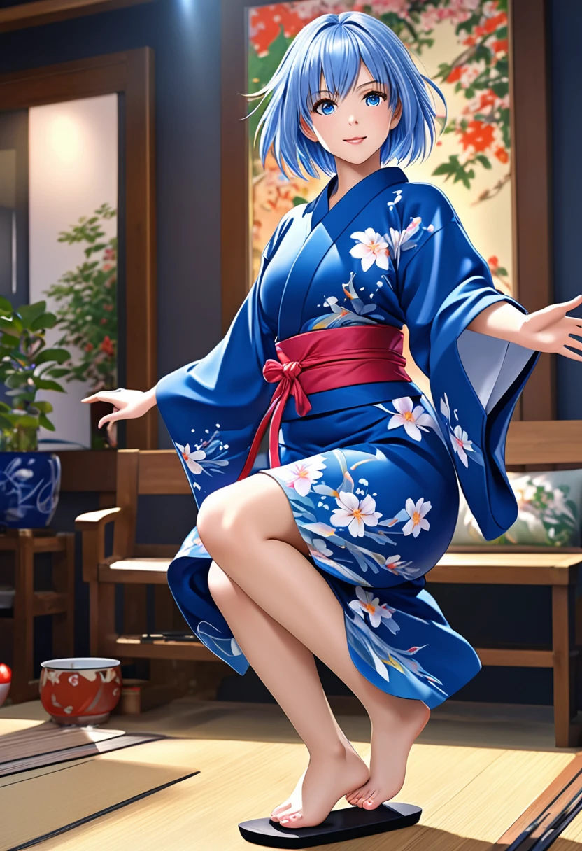1girl, beautiful detailed anime girl, light short blue hair, fair skin, dark blue eyes, wearing an oceanic blue kimono with geta on her feet, cheerful expression, Gundam Seed art style, best quality, 8k, highres, masterpiece, ultra-detailed, realistic, photorealistic, photo-realistic, HDR, UHD, studio lighting, ultra-fine painting, sharp focus, physically-based rendering, extreme detail description, professional, vivid colors, dynamic pose