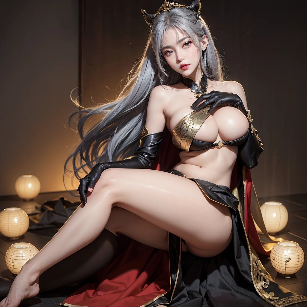 realistic, high resolution, 1 woman, mature woman, alone, Tattoo, gray hair, long hair, assembly, red lips, queen dress, Image from head to toe, only standing, standing full body image, realistic, high resolution, 오직 1 woman, 오직 alone, look at the viewer, (detailed face), gray hair, silver hair, long hair, feet up, beautiful eyes, Huge big breasts that are about to explode, golden armor, BLACK & GOLD gi, transparent, pantyhose, bare shoulders, Dripping tops, Visible nipples, look at the viewer, Orientalism, My chest is very hollow, breasts fully exposed, glamour, K cup, Bewitching, Crotch that is barely visible, ancient japanese background, realistic hands, realistic feet and legs, live action, Banla, masterpiece, very pretty face, Exposed breasts, 2 hands with 5 fingers each, Two feet with five toes each, Yukdeok, Voluptuousness