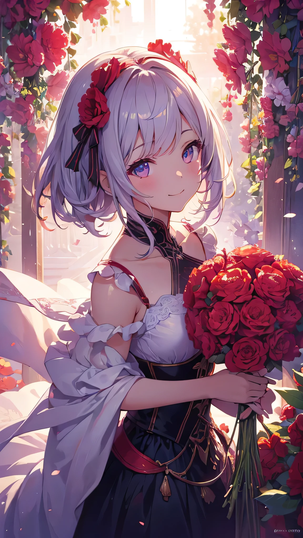 Carnation-themed artwork, ((highest quality)), High resolution, 8k, Cinematic Light, High Contrast, Written boundary depth、smile、sharp、beautiful, Strong brilliance, Detailed Background, One Girl, cute, fine grain, Shining Eyes, Detailed Iris、