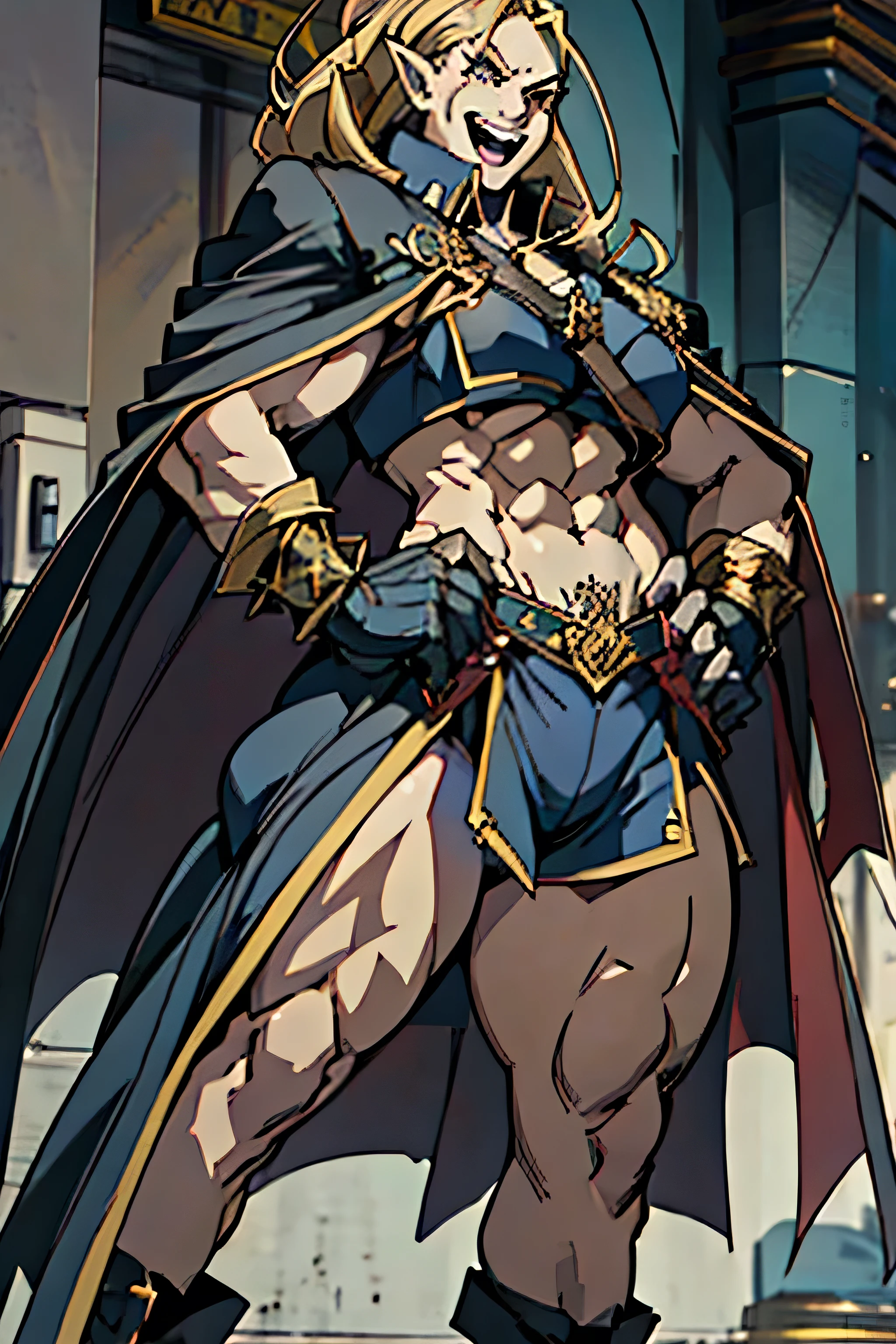 An elf woman with white, tanned skin and a muscular, voluptuous, heroic physique, sharp teeth like fangs, dragon horns, with incandescent eyes, blonde hair, rock star makeup, wearing very heavy gauntlets with claws, outfit villain purple, cape and laughing a lot, war tattoos. Drawing art