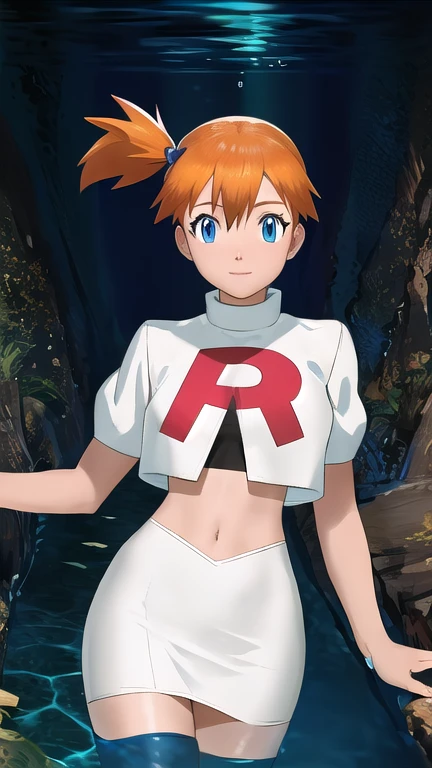 Misty Pokémon, short hair, Orange Hair, Side Ponytail, blue eyes, ,Team Rocket uniform, (logo on shirt:1.25), White jacket, White Skirt, Black Thigh Boots, abdomen,masterpiece, 最high quality, Very detailed, high quality, 4K, (Smooth texture:0.75, Realistic texture:0.65,Skin radiance, Filmed in a tunnel, Submerged in water