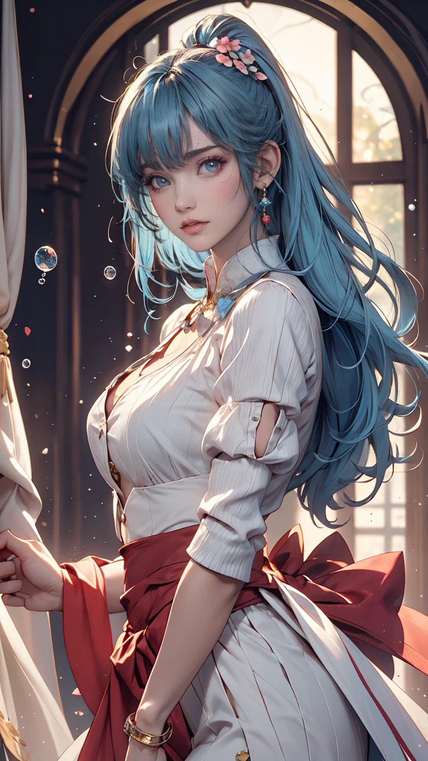 (masterpiece), (highest quality), (Super detailed),(Disheveled Hair),(figure), (One girl), (Fashionable clothes), Are standing, Fashion Model, View Viewer, (interview), (Simple Background),Beautiful fine details, Delicate and beautiful face, floating,(High chroma),(Colorful splashes),Colorful Bubbles,(The Shining), Focus on the face, ponytail, kamisato ayaka, Light blue hair, bangs, Hair Ring, Floating Flowers, Floating hair, (The Shining), Best lighting, Best Shadow,