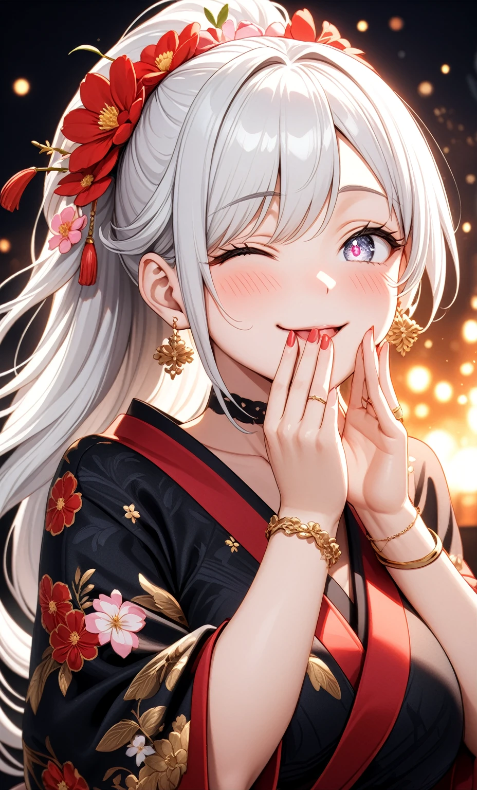 ((one personの女性)), Beautiful Face,(a woman covering her face with her hand in embarrassment. She is partially hiding her face with both hands and blushing shyl),((Wink:2.0)),(Bright red cheeks:1.3),Laughing with your mouth open,Glossy pink lips,Lighting on the face,night,night景が見える,firework,((Anime style background)),masterpiece, highest quality, so beautiful, Latest, Complex details, (Pink long nails),(ring),(bracelet),(choker),AI-generated, Complex,High resolution, highest quality, super high quality,3D Images、View your viewers、3D Images,one person,Long white hair,High Ponytail,(blue eyes),Anime woman posing for a photo, ((Fine grain、Silvery white colorful eyes、Shining Eyes:1.3)),(Squint your eyes:1.1),a hyperRealistic , hyperRealistic , Realistic,Anime woman with long and white hair, Smooth anime CG art, A woman in a colorful kimono with gold embroidery, (Black kimono),Red floral pattern,Long flower hair ornament,Big earrings,Mature Body,(Big Breasts:1.1),Tall,Fine details,Narrow waist,(Face close-up:1.4),