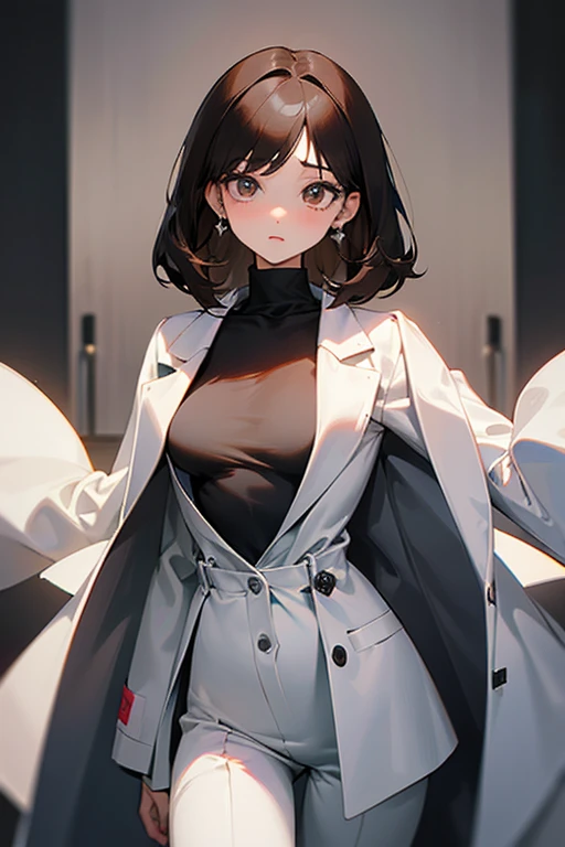 pretty girl、beautiful girl、Subjective camera、Black Hair、Earrings、Turtleneck knit、White、Big eyes、cute、Cowboy Shot、Slender、slender、Big breasts、Small waist、Accentuated breasts、Female doctor、doctor、Brown Hair、White long coat for medical use、