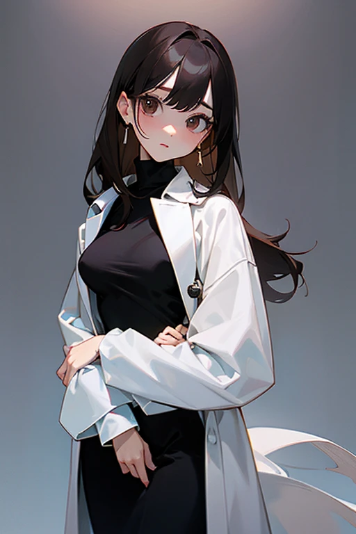 pretty girl、beautiful girl、Subjective camera、Black Hair、Earrings、Turtleneck knit、White、Big eyes、cute、Cowboy Shot、Slender、slender、Big breasts、Small waist、Accentuated breasts、Female doctor、doctor、Brown Hair、White long coat for medical use、