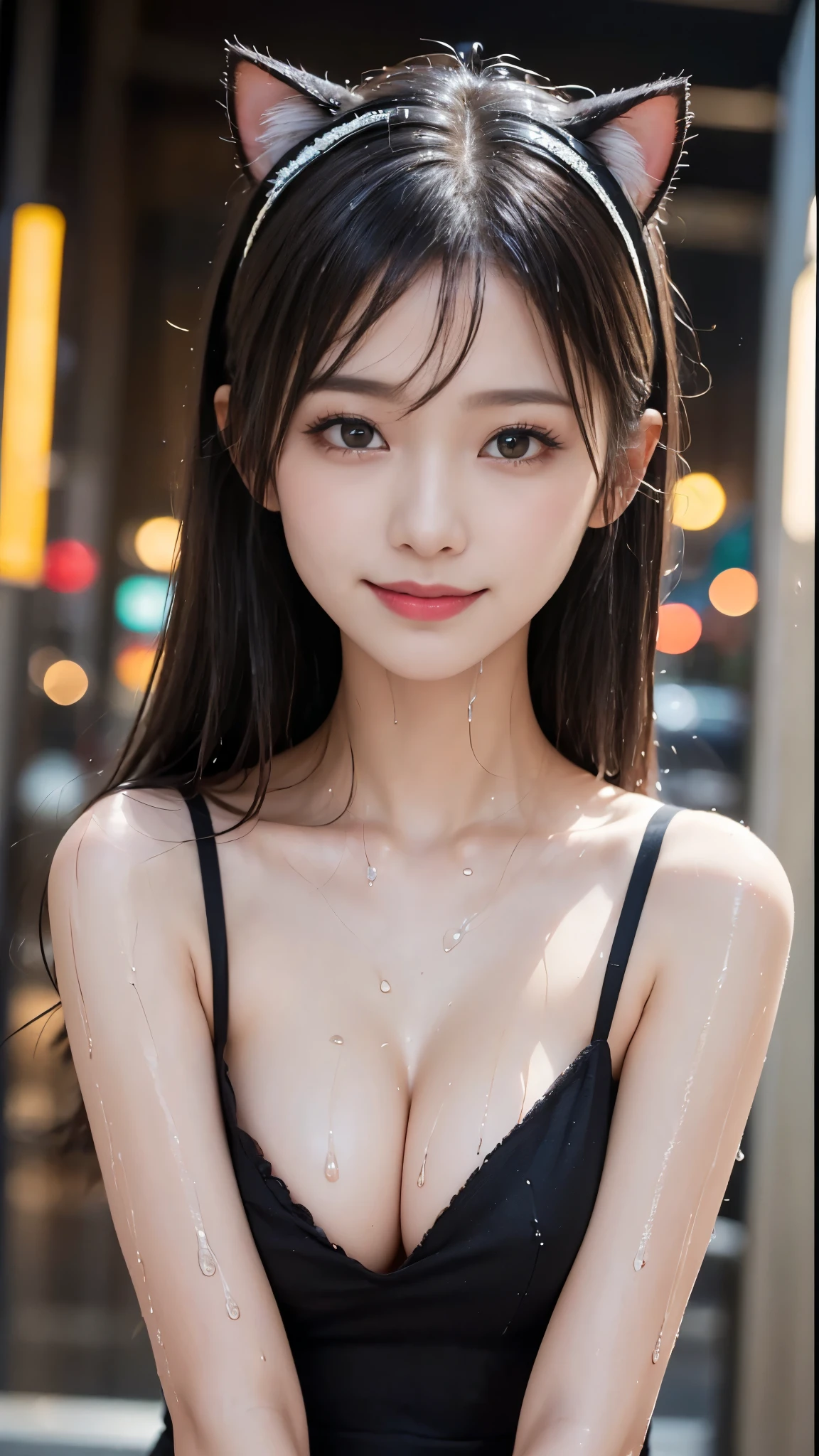 ((Night in the city、highest quality、Masterpiece、High resolution))、(((Zoom photo of upper body、Wet body、Wet Hair)))、(A shy smile:1.2)、One 15-year-old female、Beautiful Skin、Beautiful Eyes、Large Breasts、Cat ears headband、Black dress、Black Hair、Straight Hair、Trimmed bangs