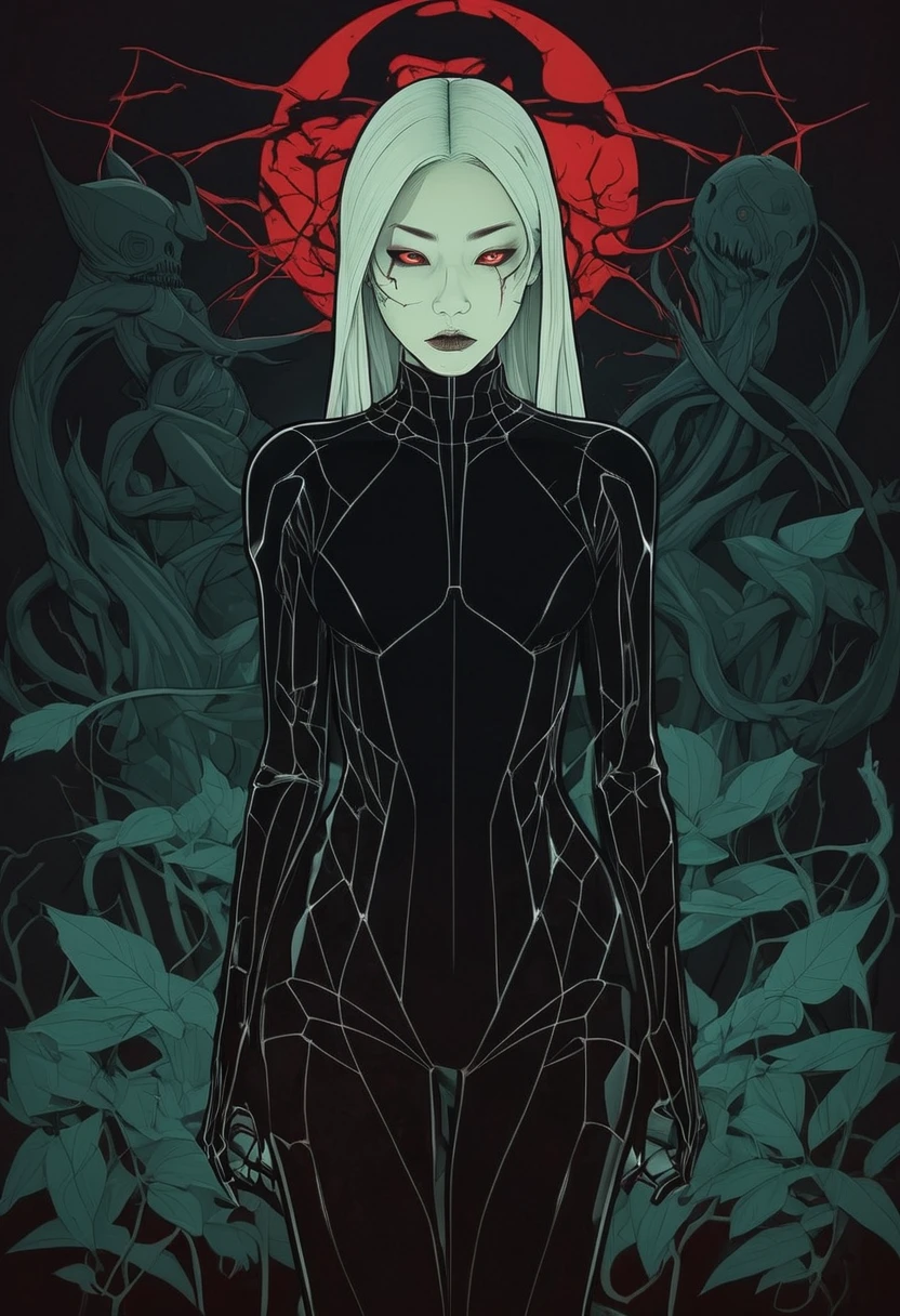 Audrey kawasaki style, dark scarlet, chemiluminescence, demon in the dark with a crazy look, creepy, (minimalism 1), ray tracing details...audrey kawasaki style - iaaya in the style of audrey kawasaki