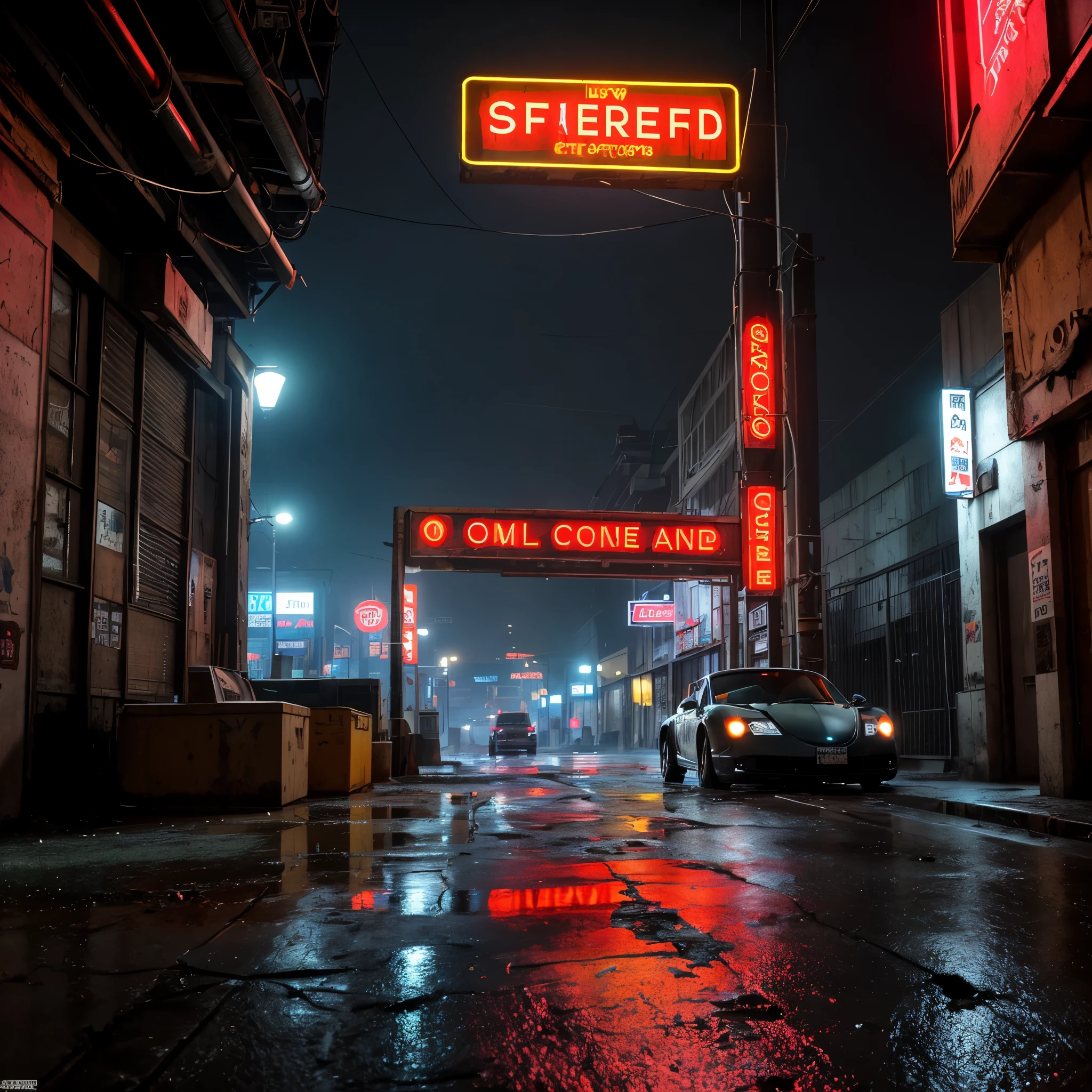 Best quality,4K,8K,A high resolution,tmasterpiece:1.2,ultra - detailed,actual,realistically:1.37, bugati veyron,Post-apocalyptic days,cyber punk style, the city street,bustling,Under the illumination of neon lights,Gritty,dystopian,Tall structures,ae86 Truno ,futuristic building,dangerous,dark alley,heavy rain poured,heavy rain poured,Flashing street lights,illuminated signs,holographic advertisements,Reflective wet pavement,Abandoned vehicles,A smoky atmosphere,city smog,cracked concrete,wires hanging,In a bunch,rusted metal,graffiti-covered walls