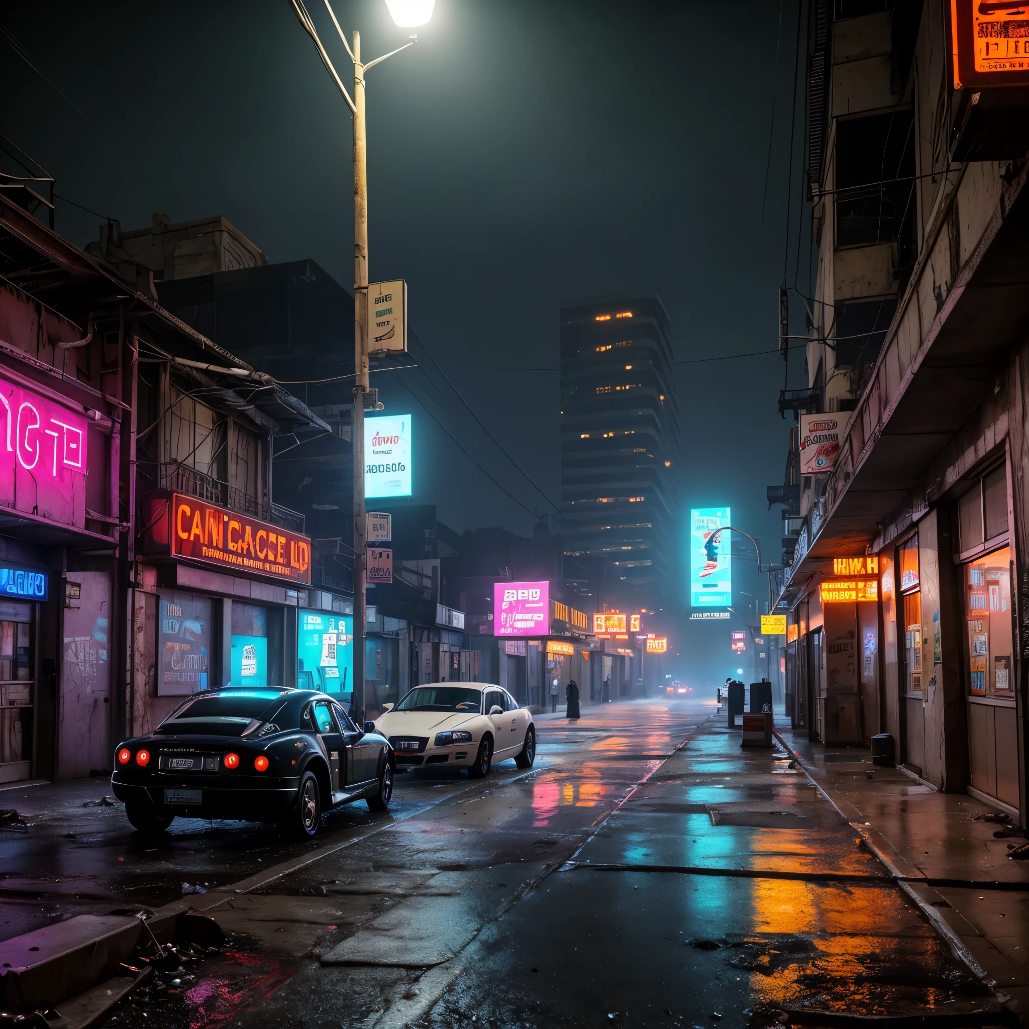 Best quality,4K,8K,A high resolution,tmasterpiece:1.2,ultra - detailed,actual,realistically:1.37, bugati veyron,Post-apocalyptic days,cyber punk style, the city street,bustling,Under the illumination of neon lights,Gritty,dystopian,Tall structures,ae86 Truno ,futuristic building,dangerous,dark alley,heavy rain poured,heavy rain poured,Flashing street lights,illuminated signs,holographic advertisements,Reflective wet pavement,Abandoned vehicles,A smoky atmosphere,city smog,cracked concrete,wires hanging,In a bunch,rusted metal,graffiti-covered walls