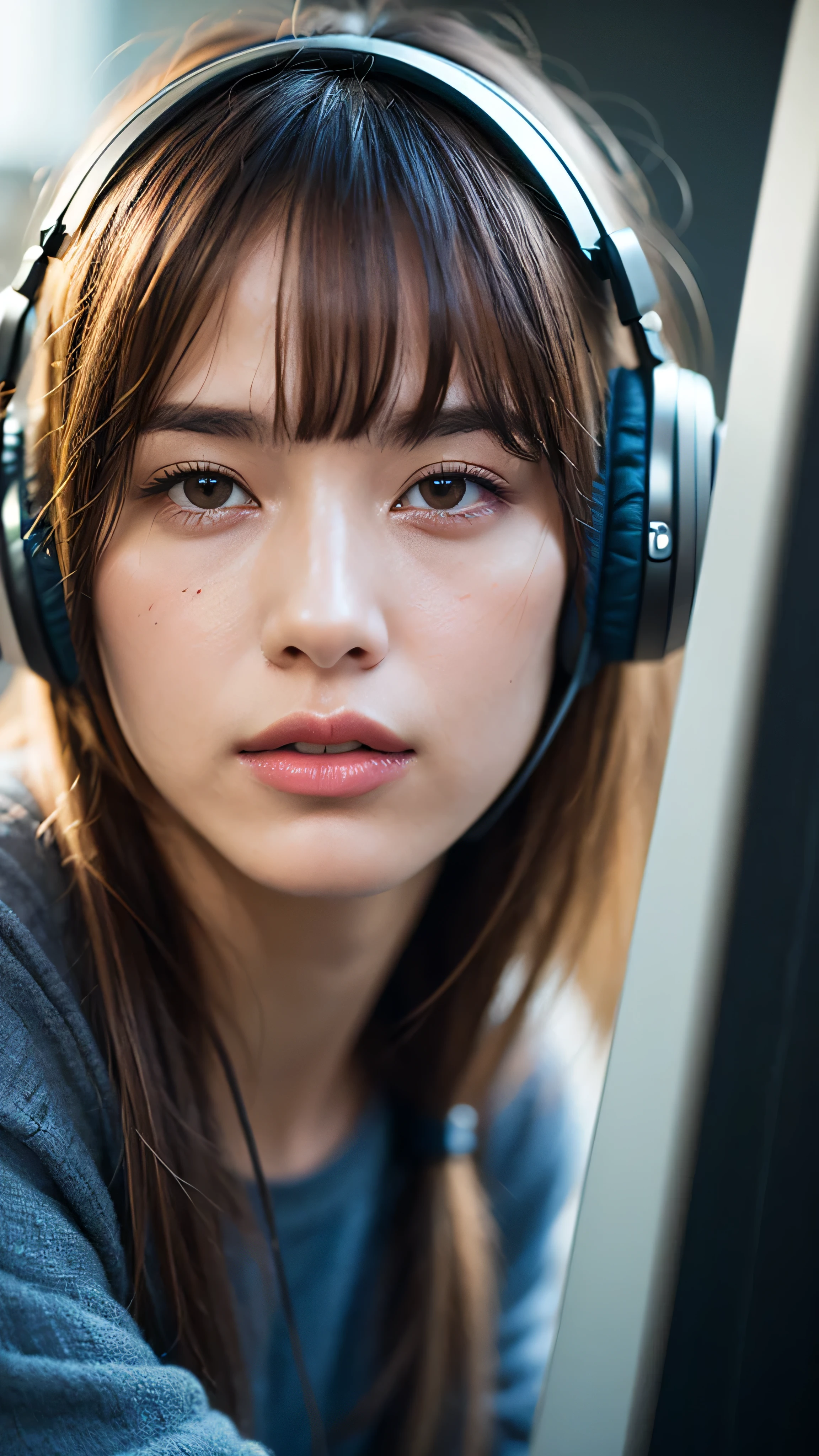 Dressed, (photo Realistic:1.4), (hyper Realistic:1.4), (Realistic:1.3), (Smoother lighting:1.05), (Improving the lighting quality of movies:0.9), 32k, One girl,20 year old girl, Realistic lighting, Backlight, Light on the face, Ray-tracing, (Bright light:1.2), (Improvement of quality:1.4), (Highest quality real texture skins:1.4), Detailed drawn eyes, Detailed painted face, Quality Eyes, (Tired, sleepy and satisfied:0.0), Face close-up, T-shirt with headphones, (Enhance the mood of your body line:1.1), (Enhances the beauty of skin texture:1.1)