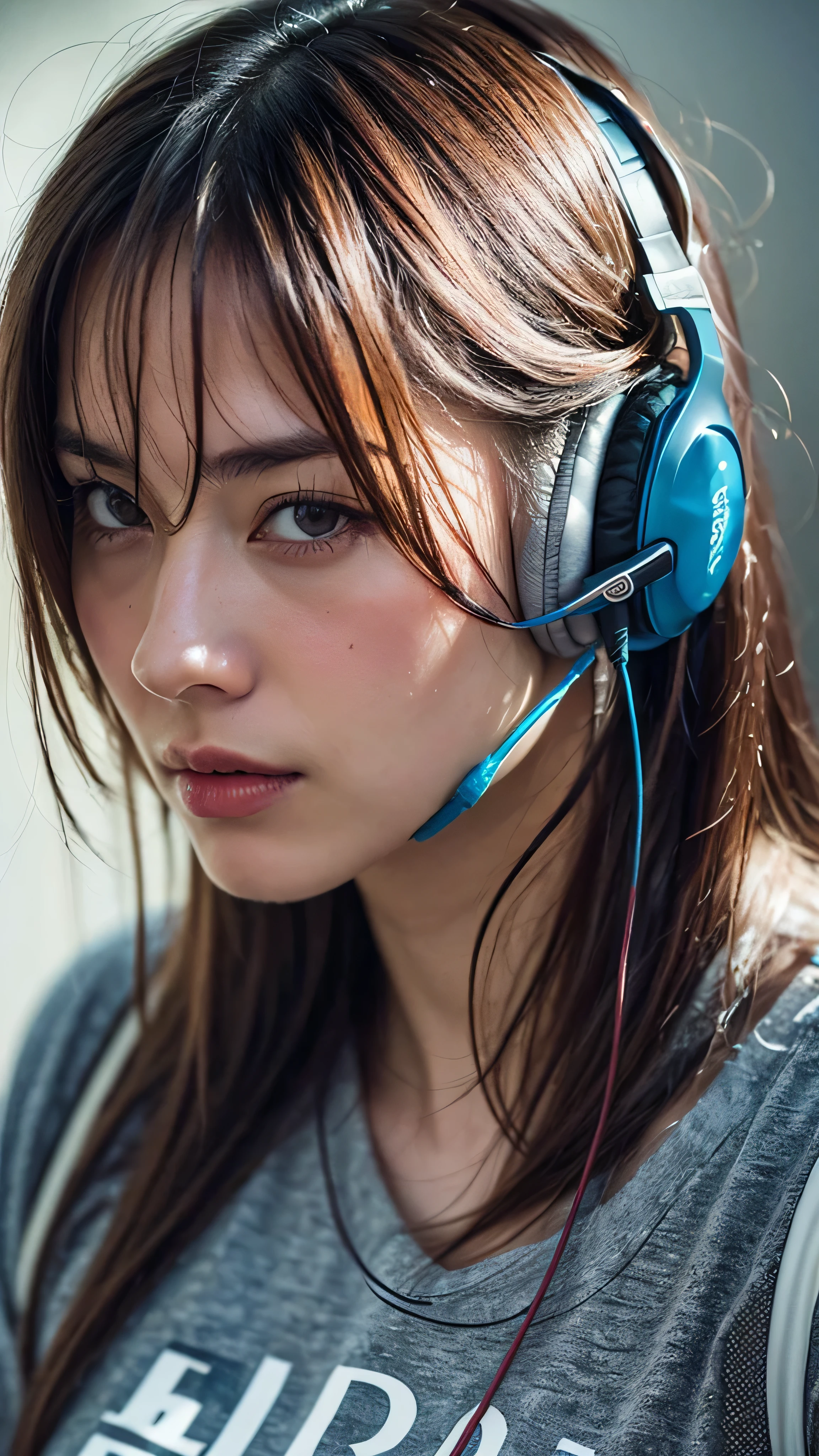 Dressed, (photo Realistic:1.4), (hyper Realistic:1.4), (Realistic:1.3), (Smoother lighting:1.05), (Improving the lighting quality of movies:0.9), 32k, One girl,20 year old girl, Realistic lighting, Backlight, Light on the face, Ray-tracing, (Bright light:1.2), (Improvement of quality:1.4), (Highest quality real texture skins:1.4), Detailed drawn eyes, Detailed painted face, Quality Eyes, (Tired, sleepy and satisfied:0.0), Face close-up, T-shirt with headphones, (Enhance the mood of your body line:1.1), (Enhances the beauty of skin texture:1.1)