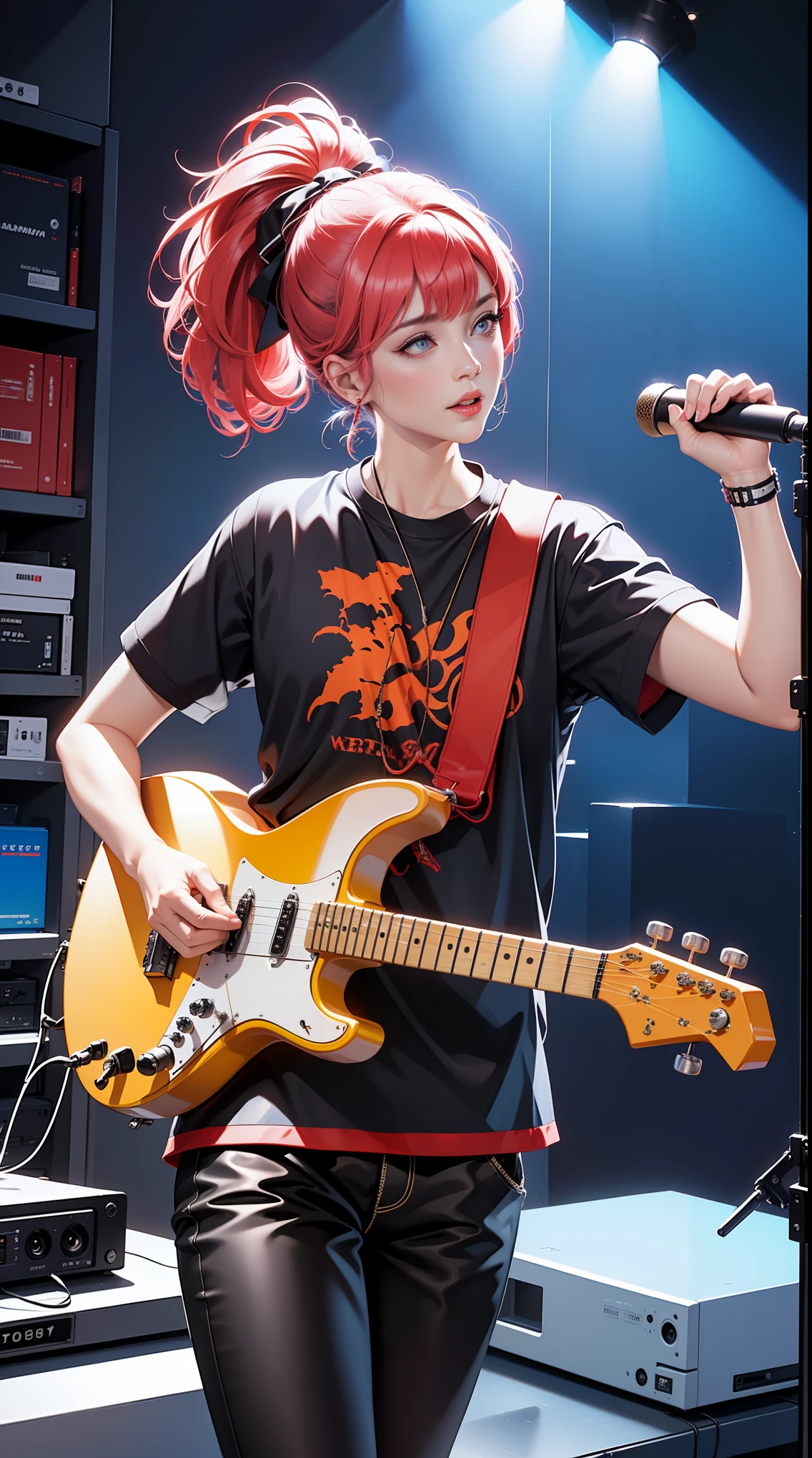 A guitarist rocking out on stage,rock music,power of music,stage lights,enthusiastic audience,heavy metal guitar,live performance,(best quality,4k,8k,highres,masterpiece:1.2),ultra-detailed,(realistic,photorealistic,photo-realistic:1.37),HDR,UHD,studio lighting,extreme detail description,professional,vivid colors
