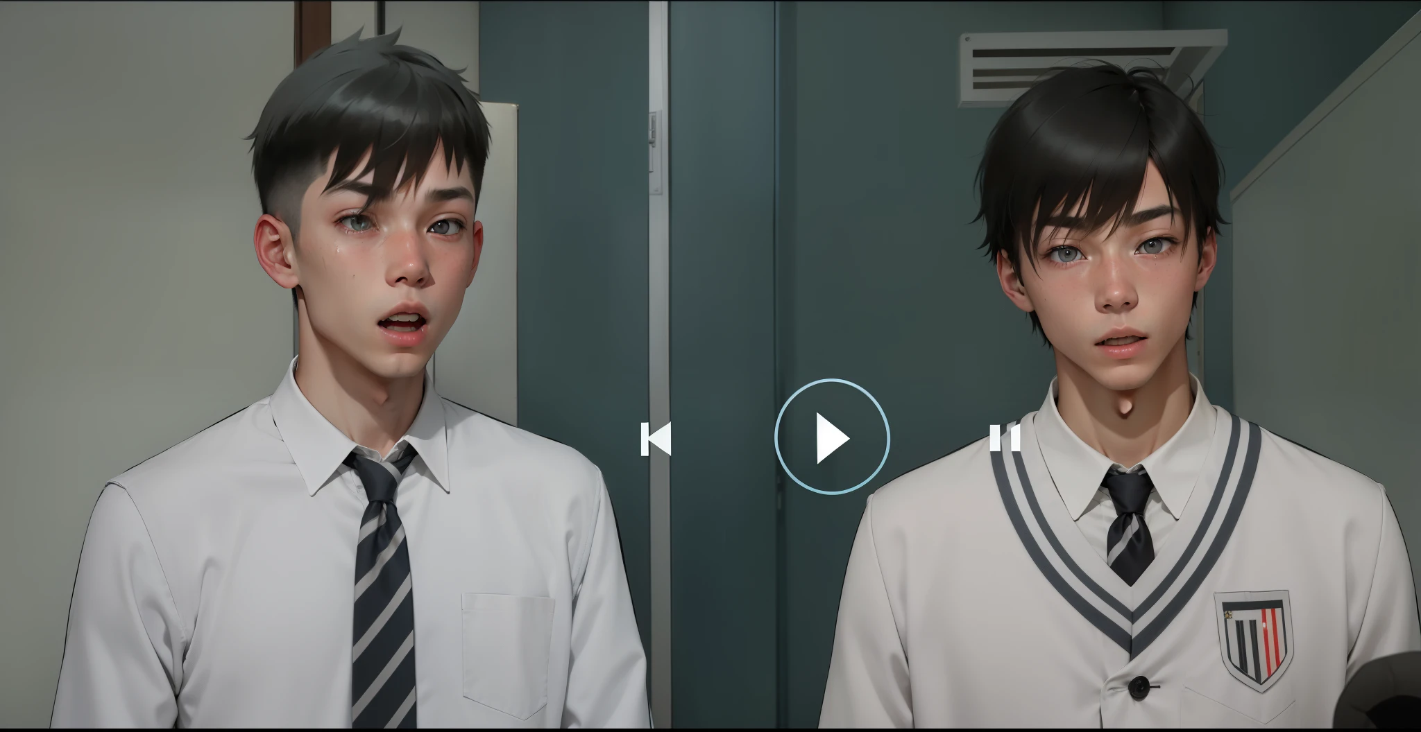 There are two boys with gray hair and gray eyes, they are surprised, they are at school, they are 18 years old.