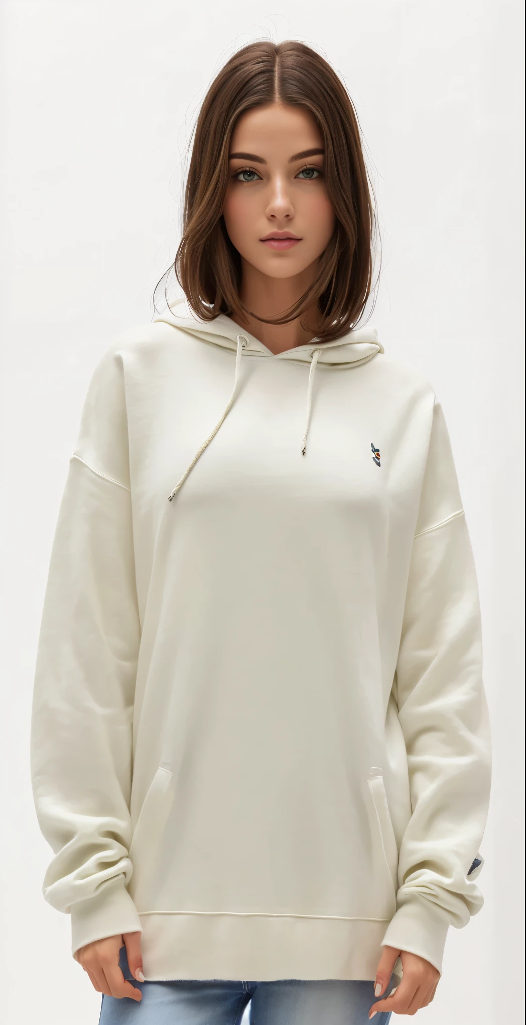 uma mulher vestindo um moletom branco e jeans fica na frente de um fundo branco, White Sweater, roupas realistas, vestindo moletom, wearing a White Sweater, camisa longa, roupas russas brancas, bege, roupa branca rasgada, superdimensionado, roupa suja manchada, desgastando - estilo branco, roupas renderizadas realisticamente, Roupas brancas, bege hoodie, ( ultra realistic ), roupa branca casual