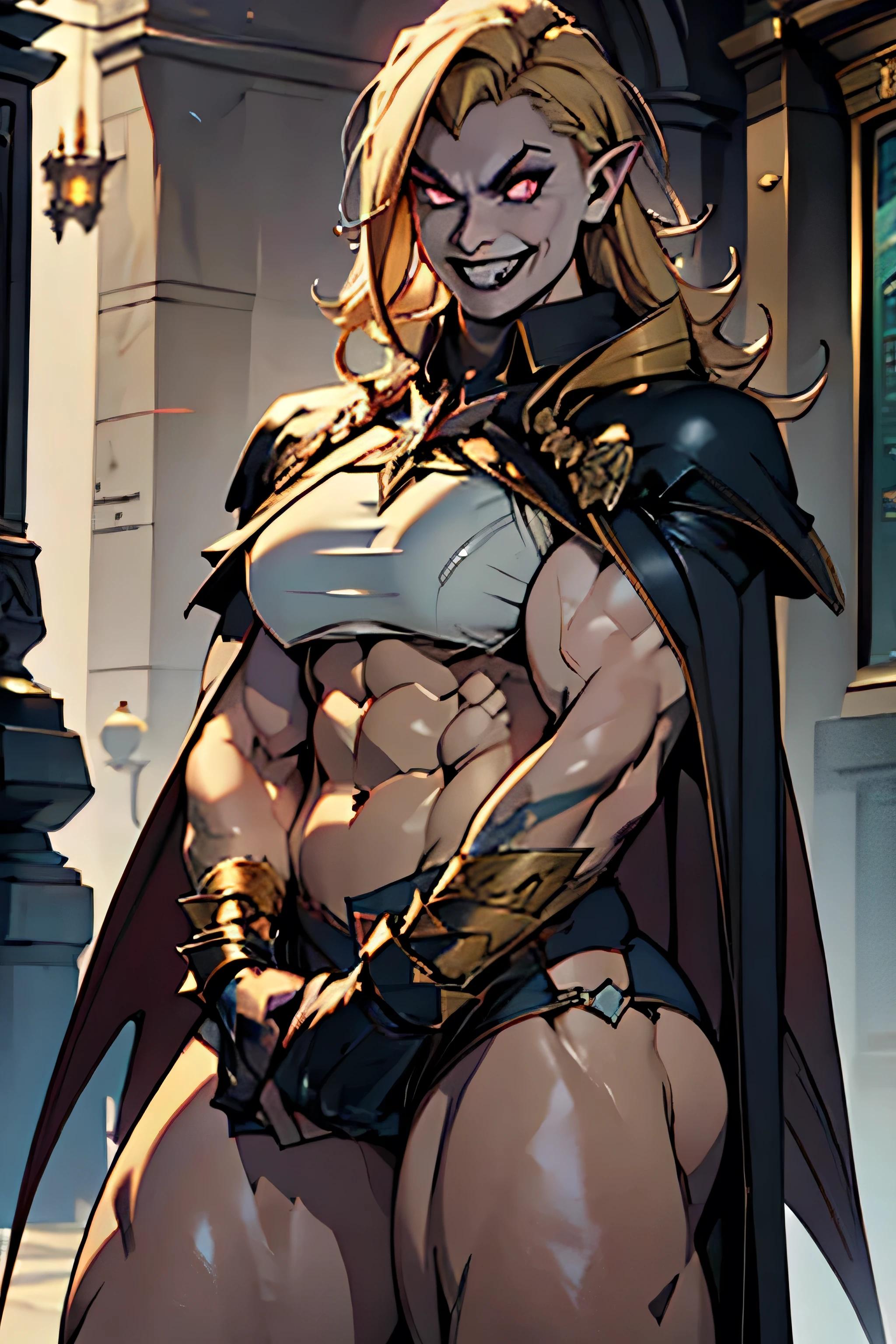 An elf woman with white, tanned skin and a muscular, voluptuous, heroic physique, sharp teeth like fangs, dragon horns, with incandescent eyes, blonde hair, rock star makeup, wearing very heavy gauntlets with claws, outfit villain purple, cape and laughing a lot, war tattoos. Drawing art