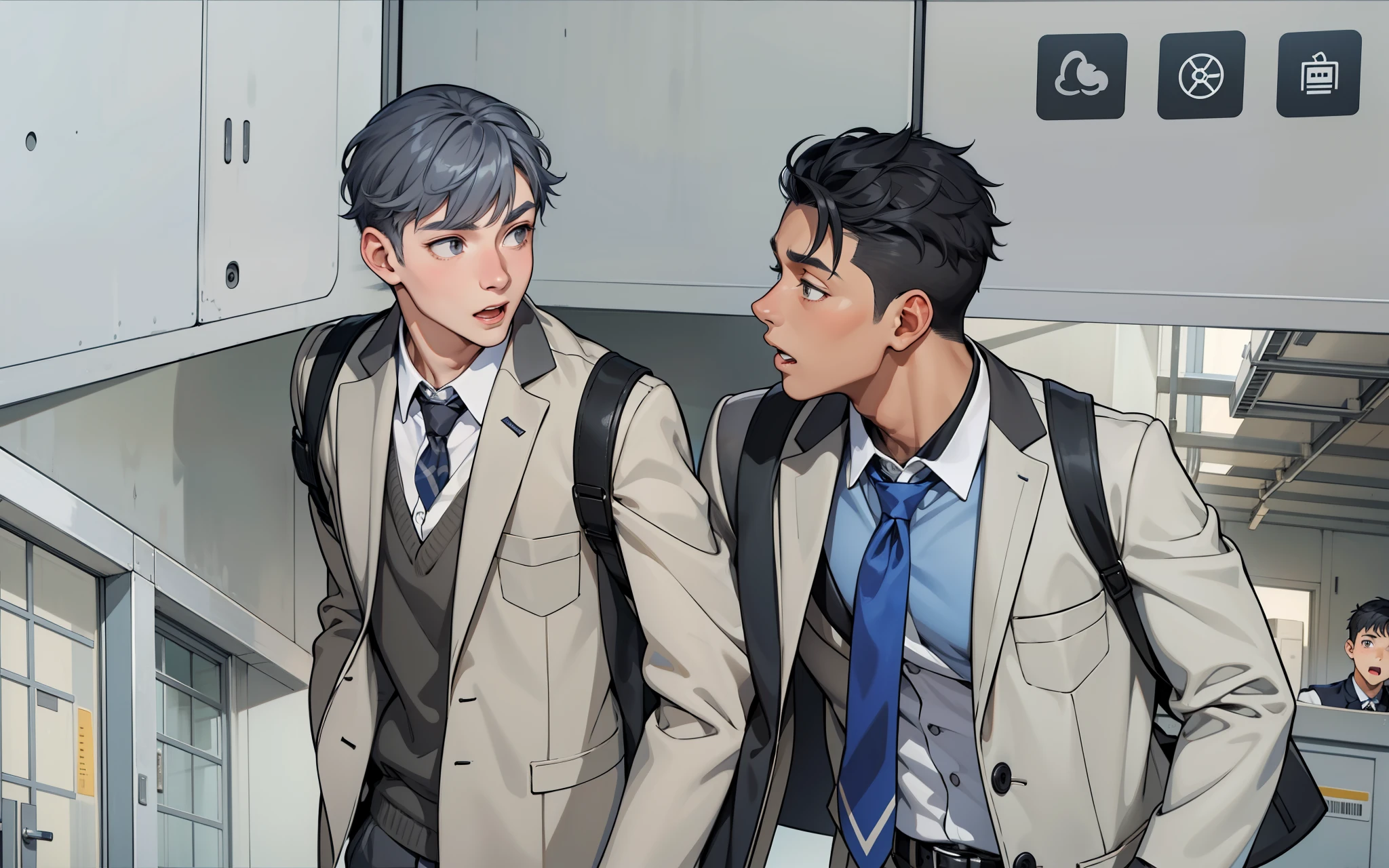 There are two boys with gray hair and gray eyes, they are surprised, they are at school, they are 18 years old.