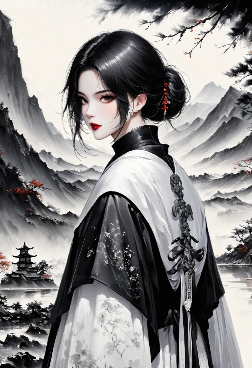 (Lots of white space:1.5),(Lots of white space around:1.6), White background, simple, Minimalism, abstract,Freehand,Aesthetic,black and white,Ink Painting,antiquity,a mountain,A person far away,An abstract art illustration, author:Li Song, Arte no estilo de guweiz, arte shin jinyoung, Obra-prima de guweiz, Ross chart 1. 0, Beautiful digital illustrations, Inspired by non-WLOP, simpledigital art, jingna zhang, guweiz, Stunning digital illustrations