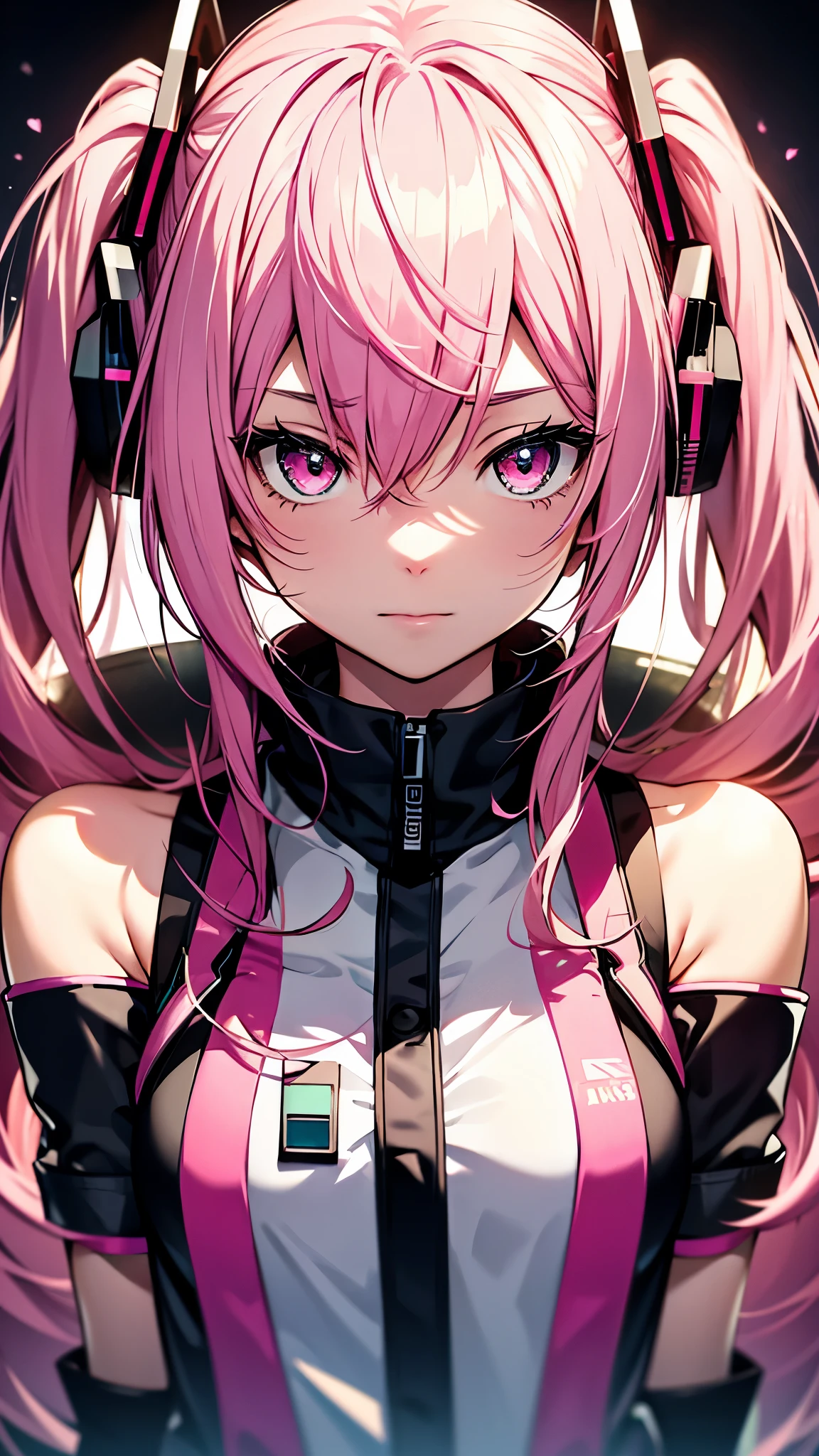 Hatsune Miku, Vocaloid, beautiful, Detailed face, Pink Hair, Pink Eyes, Pink Art, colorful, bright, whole body