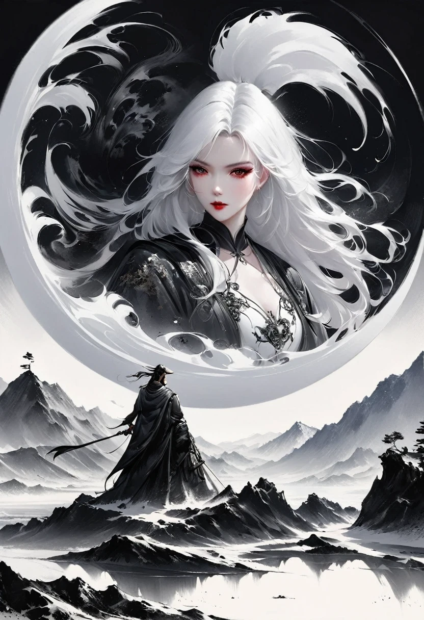 (Lots of white space:1.5),(Lots of white space around:1.6), White background, simple, Minimalism, abstract,Freehand,Aesthetic,black and white,Ink Painting,antiquity,a mountain,A person far away,An abstract art illustration, author:Li Song, Arte no estilo de guweiz, arte shin jinyoung, Obra-prima de guweiz, Ross chart 1. 0, Beautiful digital illustrations, Inspired by non-WLOP, simpledigital art, jingna zhang, guweiz, Stunning digital illustrations