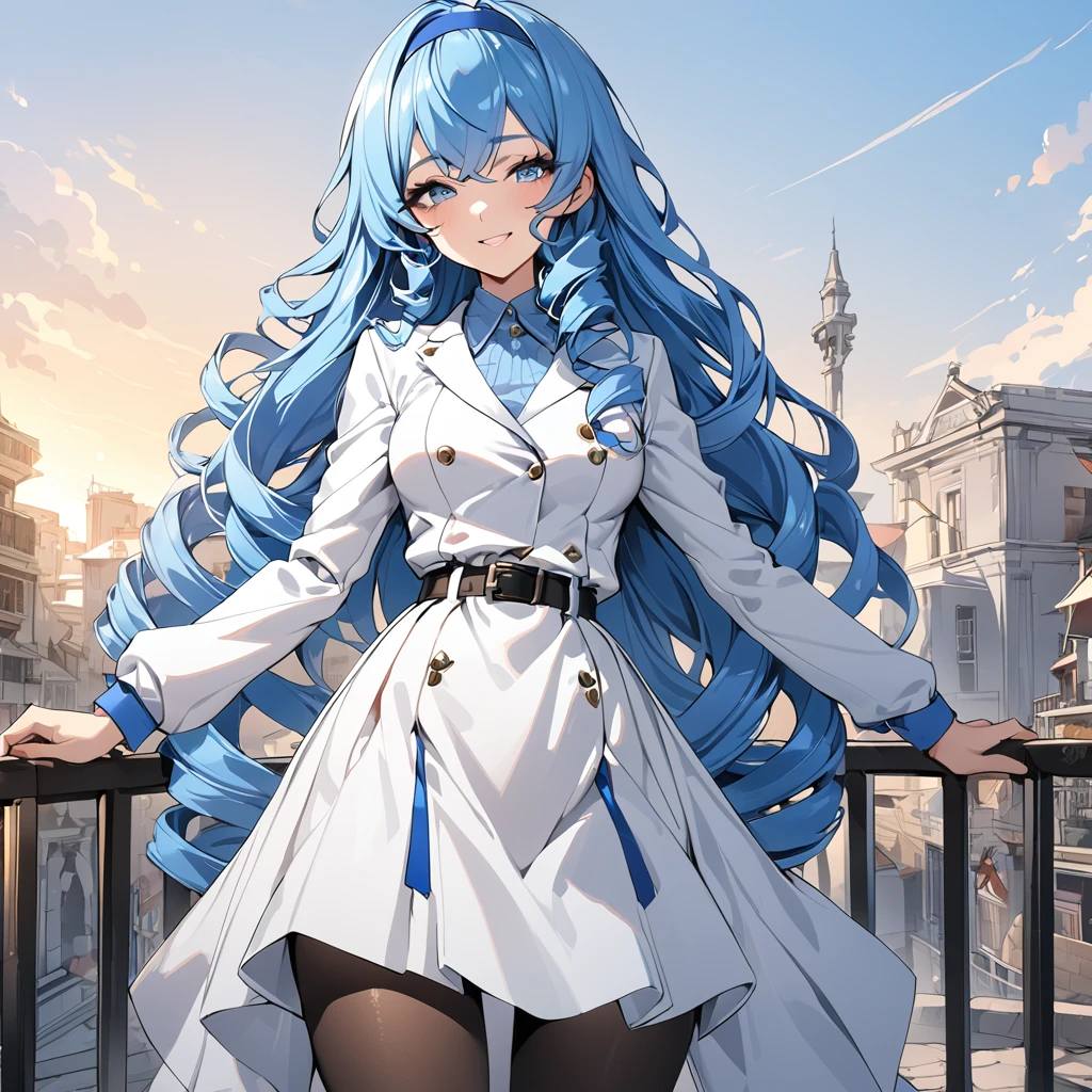 masterpiece, highest quality, High resolution,  Asecilia, Very long hair, Curly Hair, Drill Hair, Blue hair band, , White jacket, White Dress, Long sleeve, belt, Black Pantyhose, Are standing, Cowboy Shot, Outdoor, smile