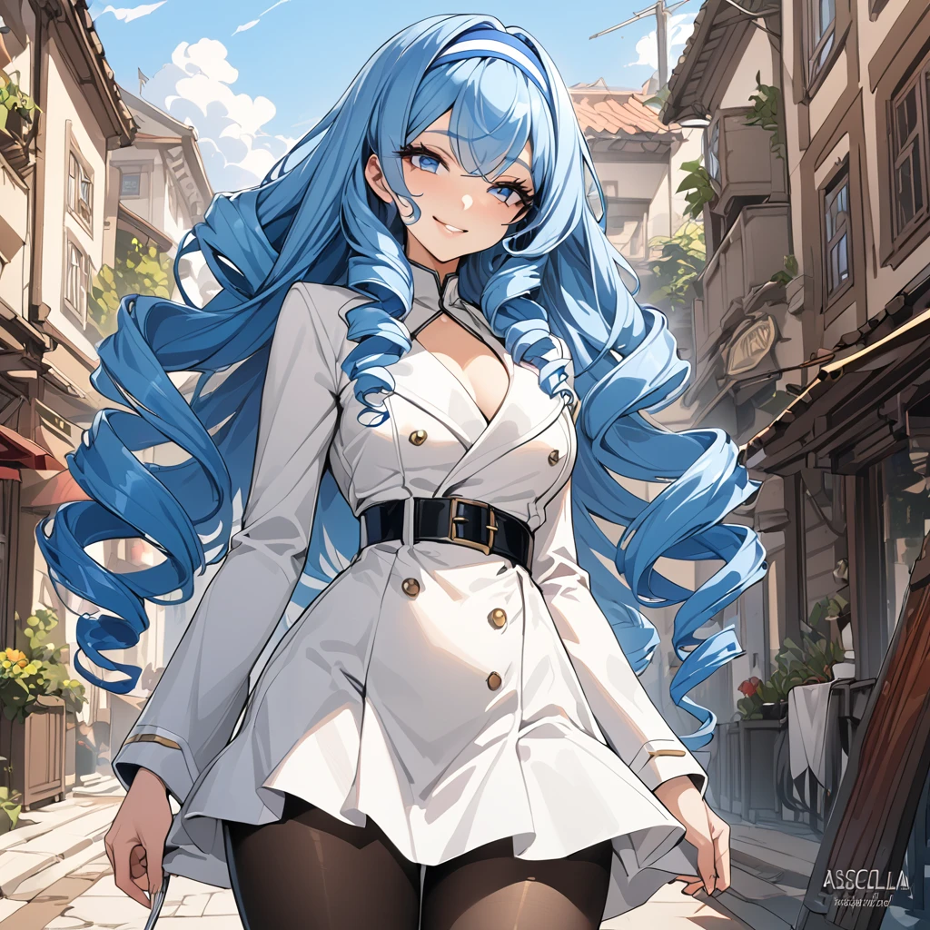 masterpiece, highest quality, High resolution,  Asecilia, Very long hair, Curly Hair, Drill Hair, Blue hair band, , White jacket, White Dress, Long sleeve, belt, Black Pantyhose, Are standing, Cowboy Shot, Outdoor, smile