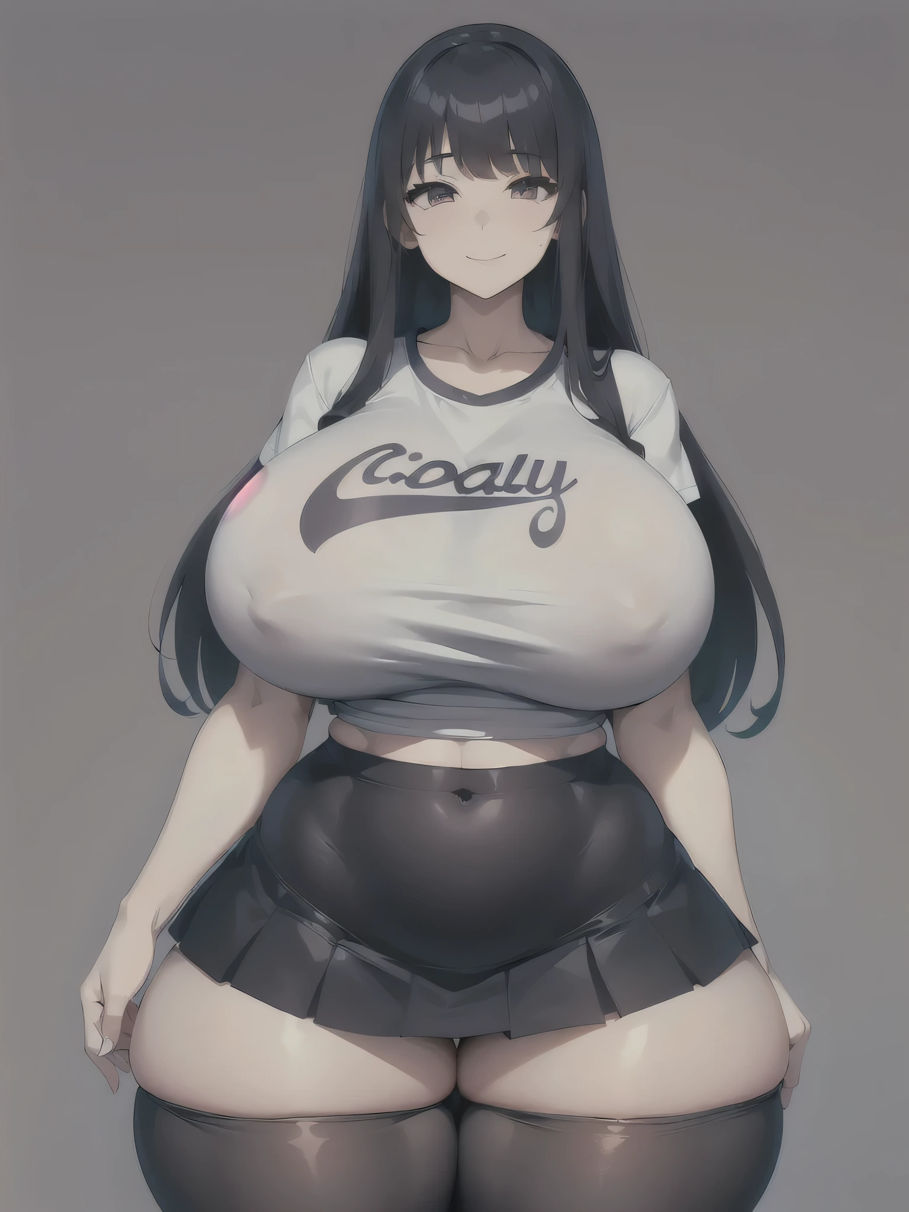 young girl, T-shirt, skirt, whole body to see, smiled, excited, moans, long hair, (( very wide hips)), (((colossal Thighs, gigantic thighs, very huge thighs, very big thighs))), sexy pose