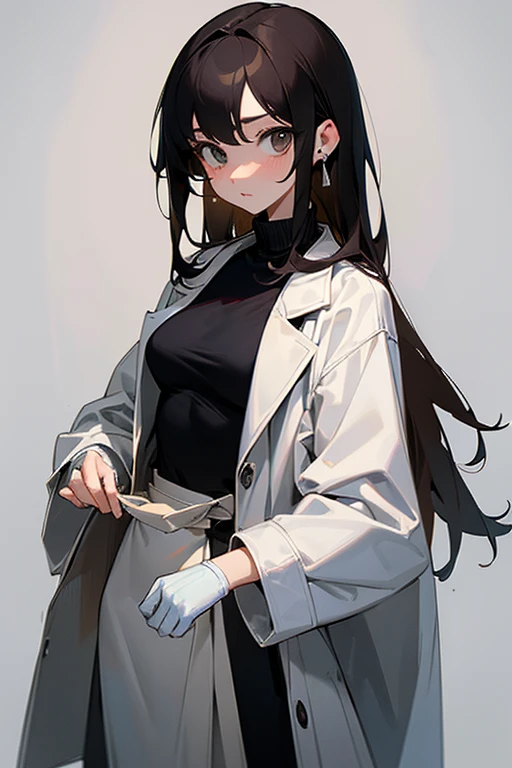 pretty girl、beautiful girl、Subjective camera、Black Hair、Earrings、Turtleneck knit、White、Big eyes、cute、Cowboy Shot、Slender、slender、Big breasts、Small waist、Accentuated breasts、Female doctor、doctor、Brown Hair、White long coat for medical use、A baggy jacket、Oversized jackets、