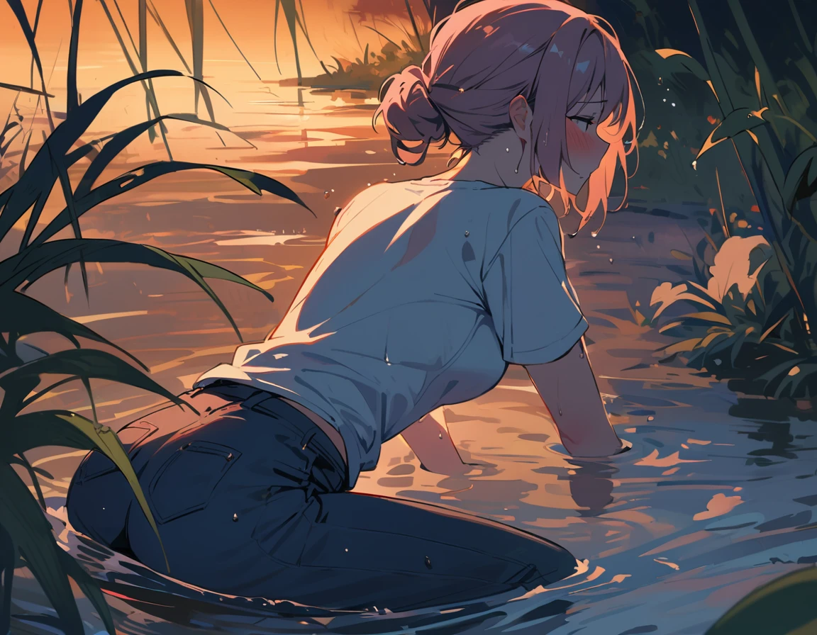 masterpiece, woman, blushed, flared jeans:1.2, intercourse simulation, soaking wet, orgasm, intercourse, drowning in swamp, t-shirt, looks around, dusk