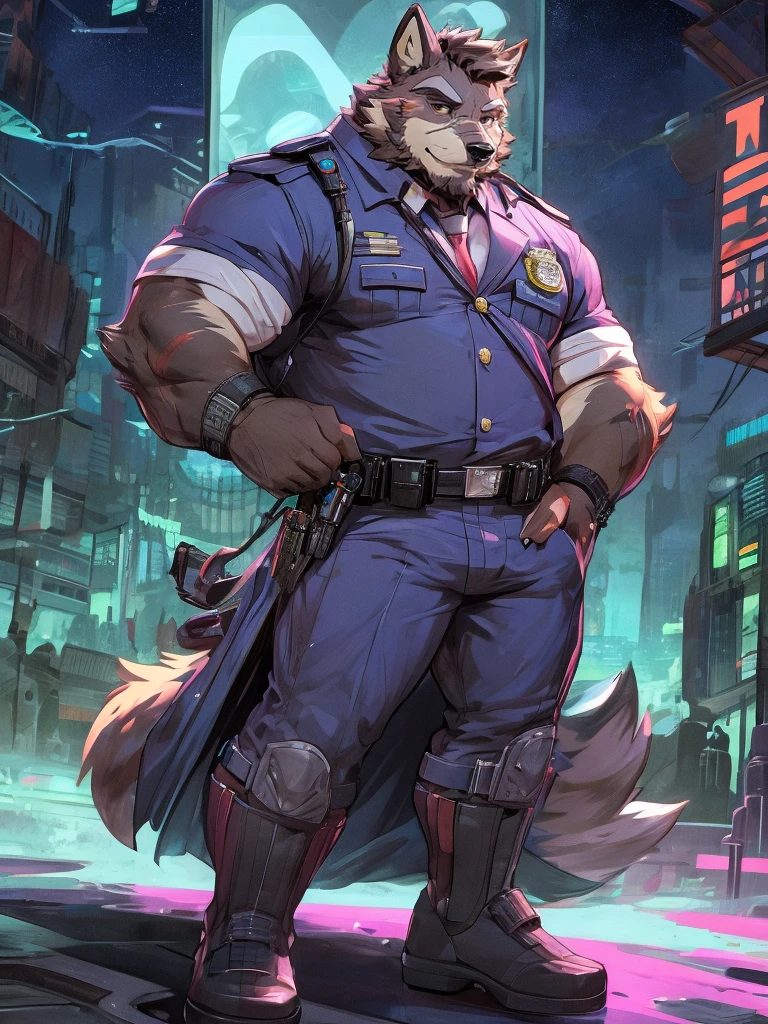 a drawing of a man in a uniform holding a hunting bow, detailed full body, officer, police man, beautiful full body, full uniform, an anthropomorphic cyberpunk fox, beard, mature, daddy, furry character, anthropomorphic furry art, anthro concept art, commission for high res, fursona commission, fullbody commission for, purple fur fox, 