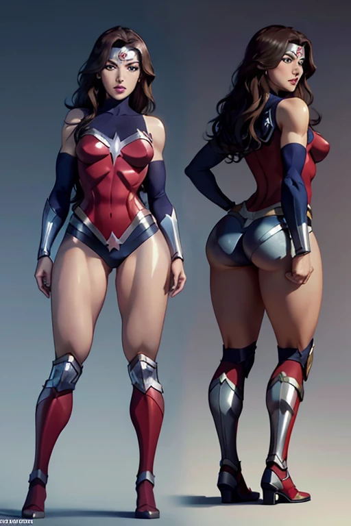 Realistic, Natural Beauty, Masterpiece, Back View Visible, Full Body View Visible, Hailee Steinfeld, Perfectly Accurate Face Proportion, Realistic Light Blue Eyes, Thick Eyebrows, Wonder Woman, Wonder Woman Tiara, Curve Wide Hips, Round Ass, Toned Thighs, Toned Arms, Grin On Her Face, In a slightly crouched position, the tight suit stretches over Wonder Woman's muscular form, accentuating the shape of her buttocks. Her stance, with one leg slightly forward, highlights the defined curves and the fit of her costume, emphasizing her readiness for action