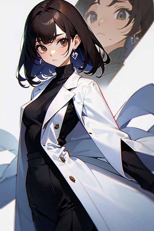 pretty girl、beautiful girl、Subjective camera、Black Hair、Earrings、Turtleneck knit、White、Big eyes、cute、Cowboy Shot、Slender、slender、Big breasts、Small waist、Accentuated breasts、Female doctor、doctor、Brown Hair、White long coat for medical use、