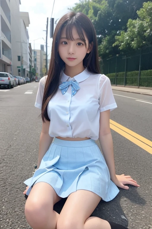 beautiful girl、high school girl、Light blue mini skirt、See-through、sit