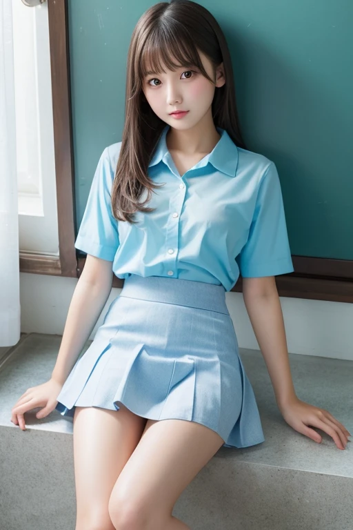 beautiful girl､high school girl､Light blue mini skirt､See-through､sit