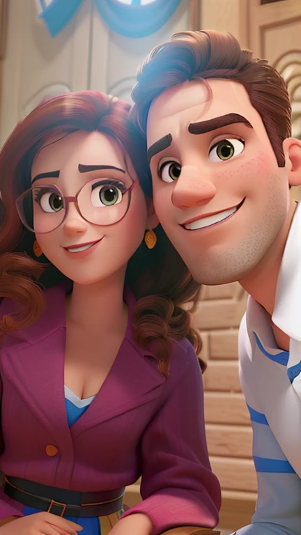 Casal (homem moreno e mulher branca) no estilo Disney Pixar, alta qualidade, melhor qualidade.